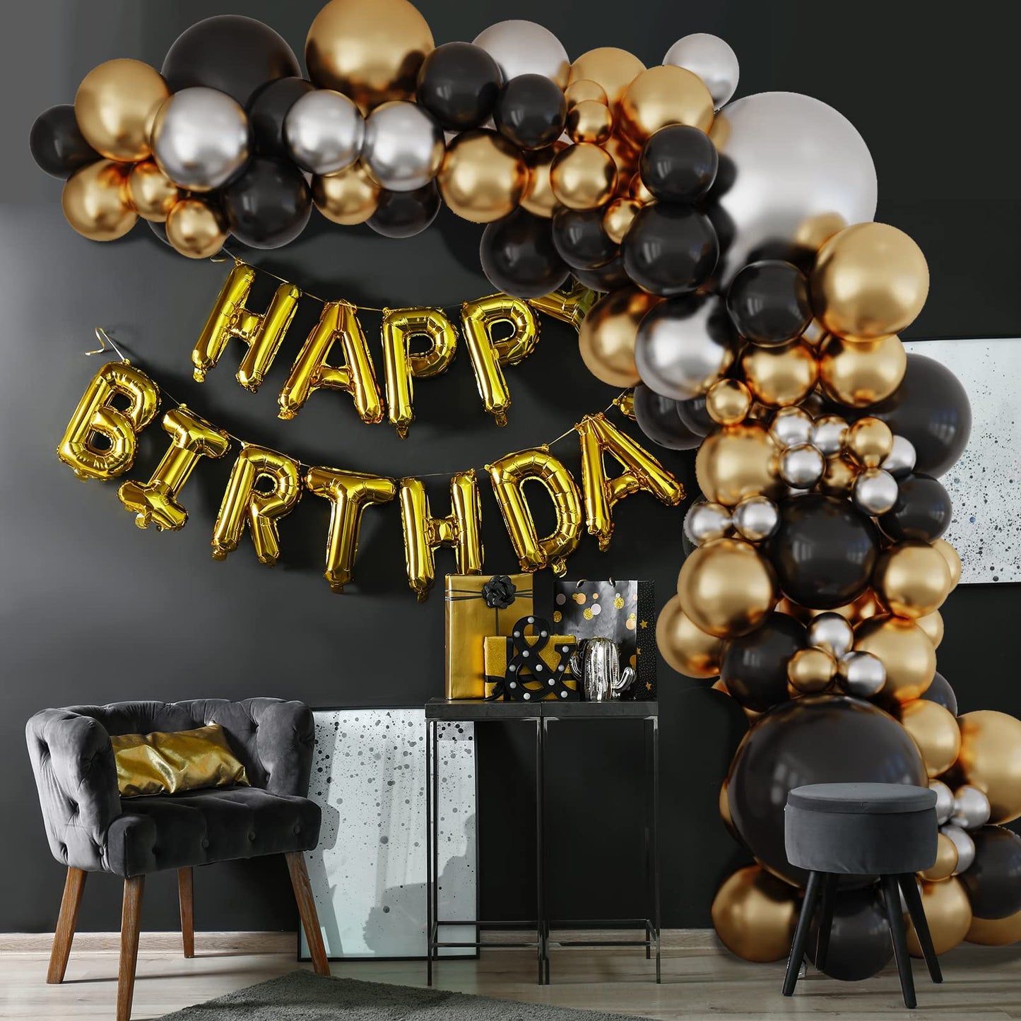 134pcs Balloon Arch Kit,Black Gold Balloons Arch,Black Gold Silver Birthday Balloons,Black Balloons Garland for Birthday Party Decorations Men Boys,Graduation,Wedding,Prom,Retirement,New Year Black Gold