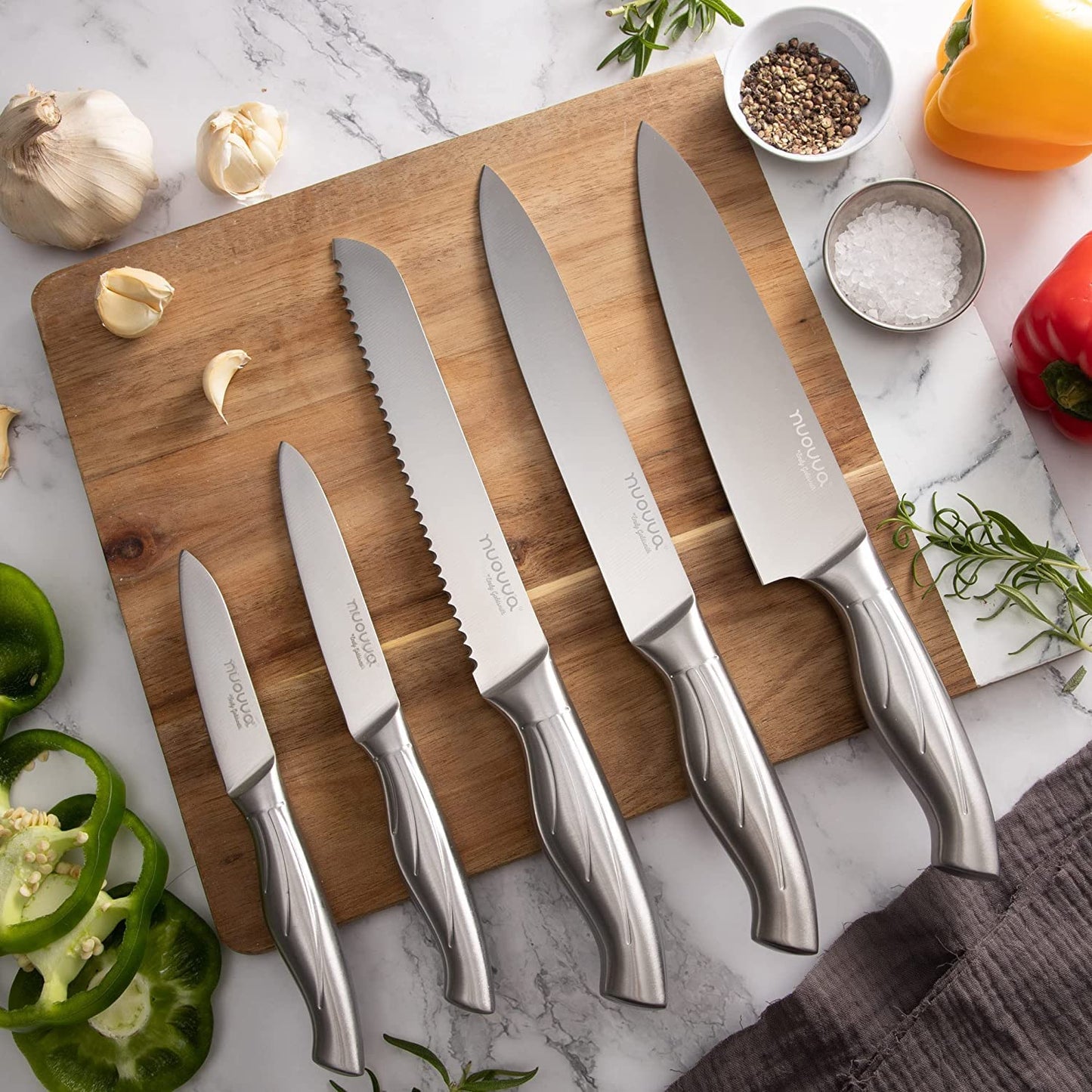 nuovva Sharp Kitchen Knife Set - Professional Kitchen Knives - 5 Pieces Stainless Steel Blades with Gift Box - Includes Chefs, Bread, Carving, Utility and Paring Knife 5pcs Stainless Steel Set