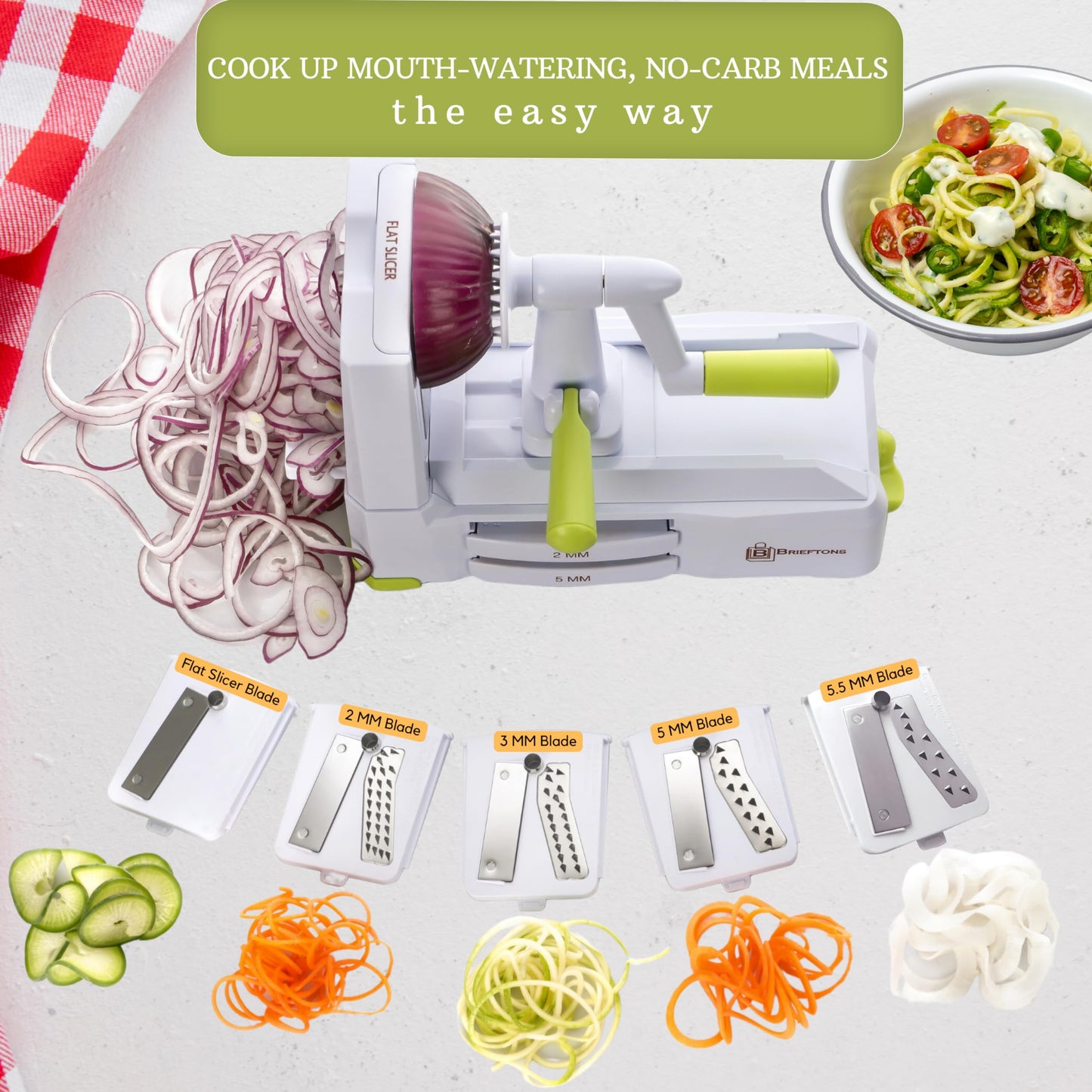 Brieftons 5-Blade Vegetable Spiralizer: Strongest-Heaviest Spiral Slicer, Best Veggie Pasta Spaghetti Maker for Low Carb/Paleo/Gluten-Free/Vegan Meals, with Extra Blade Caddy, 4 Recipe Ebooks 1. White (5 Blades)