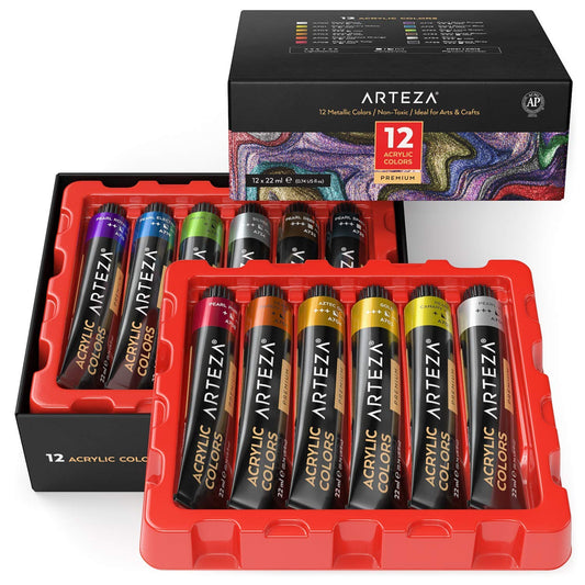 ARTEZA Metallic Acrylic Paint, Set of 12 Colors/Tubes (0.74 oz., 22 ml) with Storage Box, Rich Pigments, Non Fading, Non Toxic Paints for Artist & Hobby Painters, Ideal for Canvas Painting Multicolor 0.74 Fl Oz (Pack of 12)