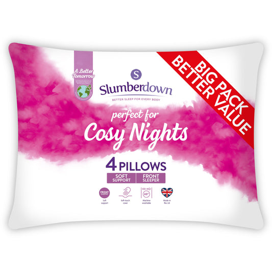 Slumberdown Cosy Nights Pillows 4 Pack - Soft Support Front Sleeper Pillows for Neck Pain Relief - Comfortable, Hypoallergenic, UK Standard Size (48cm x 74cm) 4 Count (Pack of 1)