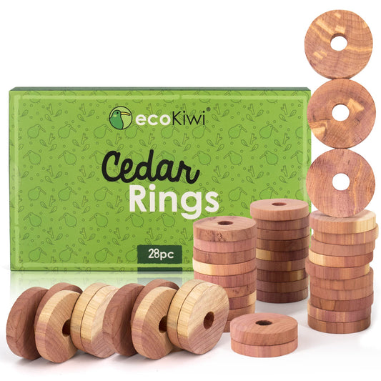 ecoKiwi Moth Repellent for Wardrobes Cedar Wood Rings - 28 Pack - Natural Oil & Sustainable Cedar Balls - Anti Moth Products Wardrobe - Cedarwood Moth Repellent for Clothes - Moth Balls with Sandpaper