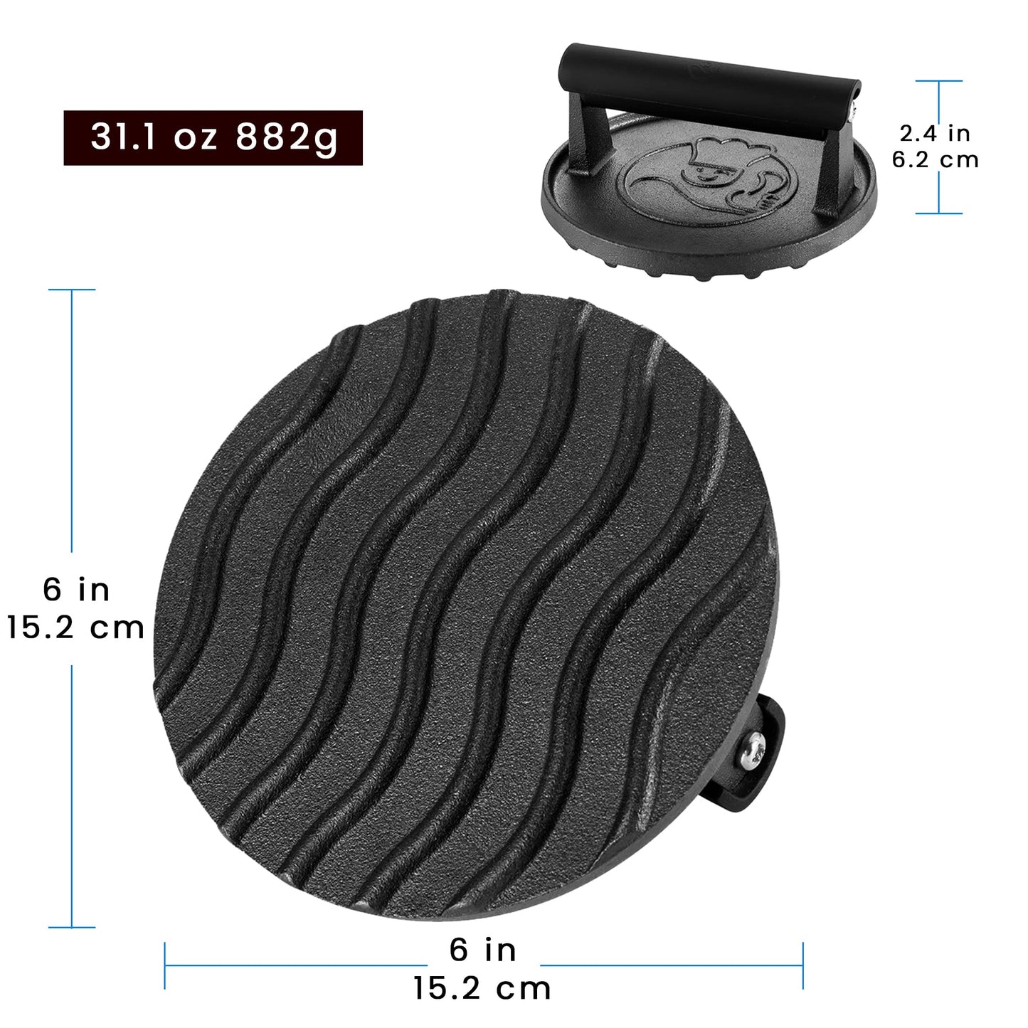 0.9kg Smash Burger Press for Griddle, Heavy Duty Hamburger Press w/Heat Resistant Handle, Cast Iron Grill Press,Bacon Press, Round Burger Smasher for Griddle, Meat Press, BBQ Grilling Accessories Burger Press Cast Iron