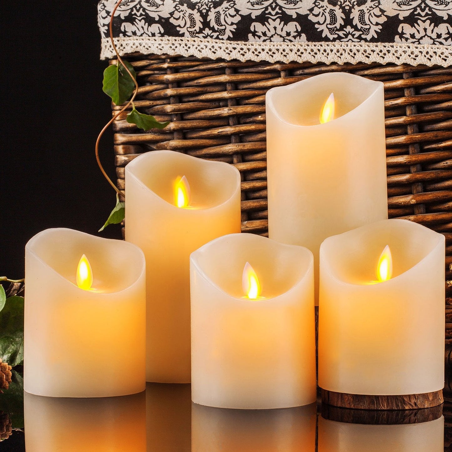 Aku Tonpa Flameless Candles Battery Operated Pillar Real Wax Flickering Moving Wick Electric LED Candle Set with Remote Control Cycling 24 Hours Timer, Pack of 5 5 Ivory Candles