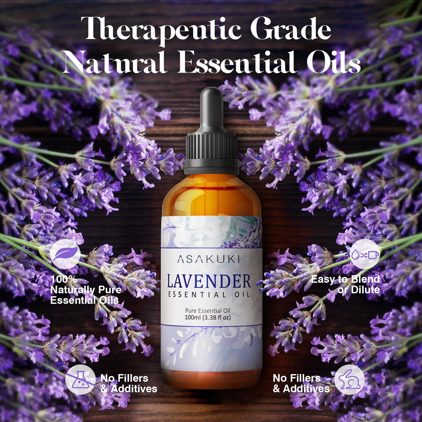 ASAKUKI Lavender Essential Oils 100mL, Lavender Oil 100% Natural Therapeutic Grade, Aromatherapy Oil Lavender for Better Sleep, Health Care, Relaxation, Ideal for Humidifier, Diffuser & Wellness