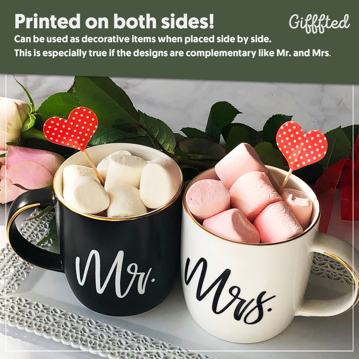 Triple Gifffted Mr and Mrs Coffee Mugs - Engagement Gifts for Couples, Wedding Anniversary, Newlyweds, Bride & Groom, Christmas, Valentines for Parents, His & Hers, Ceramic Cup, 380ML