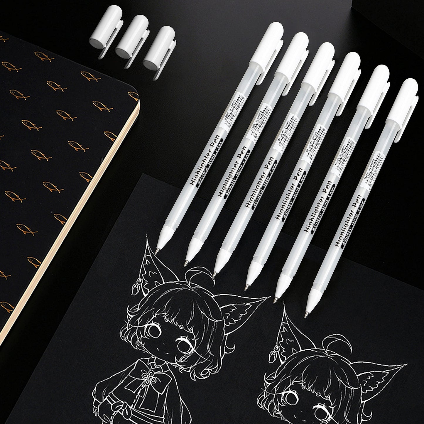 Premium XSG Fine Point White Gel Pen set,Pack of 6, Pens For Artists With 0.8mm Nibs,White Rollerball Pens for Black Paper,Sketching,Drawing, adult coloring books,Illustration&Taking Notes