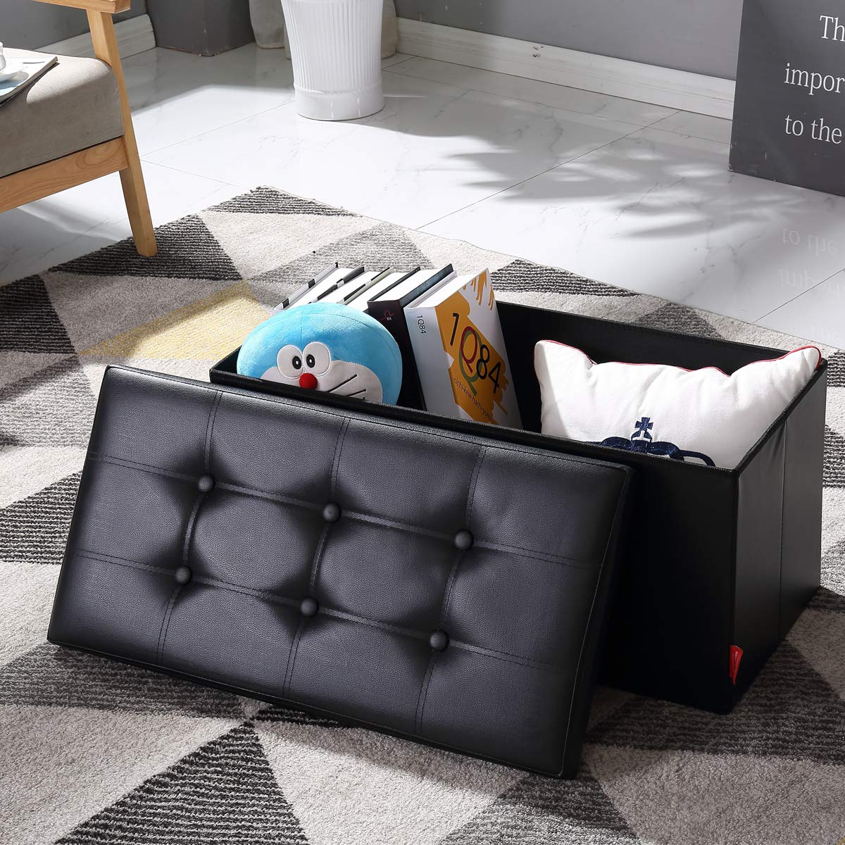 BRIAN & DANY Folding Ottoman Bench Storage Box with Lid, Large Storage Seat Faux Leather Footstool Toy Storage Box, Black, 76 x 38 x 38 cm 76x 38x 38 cm