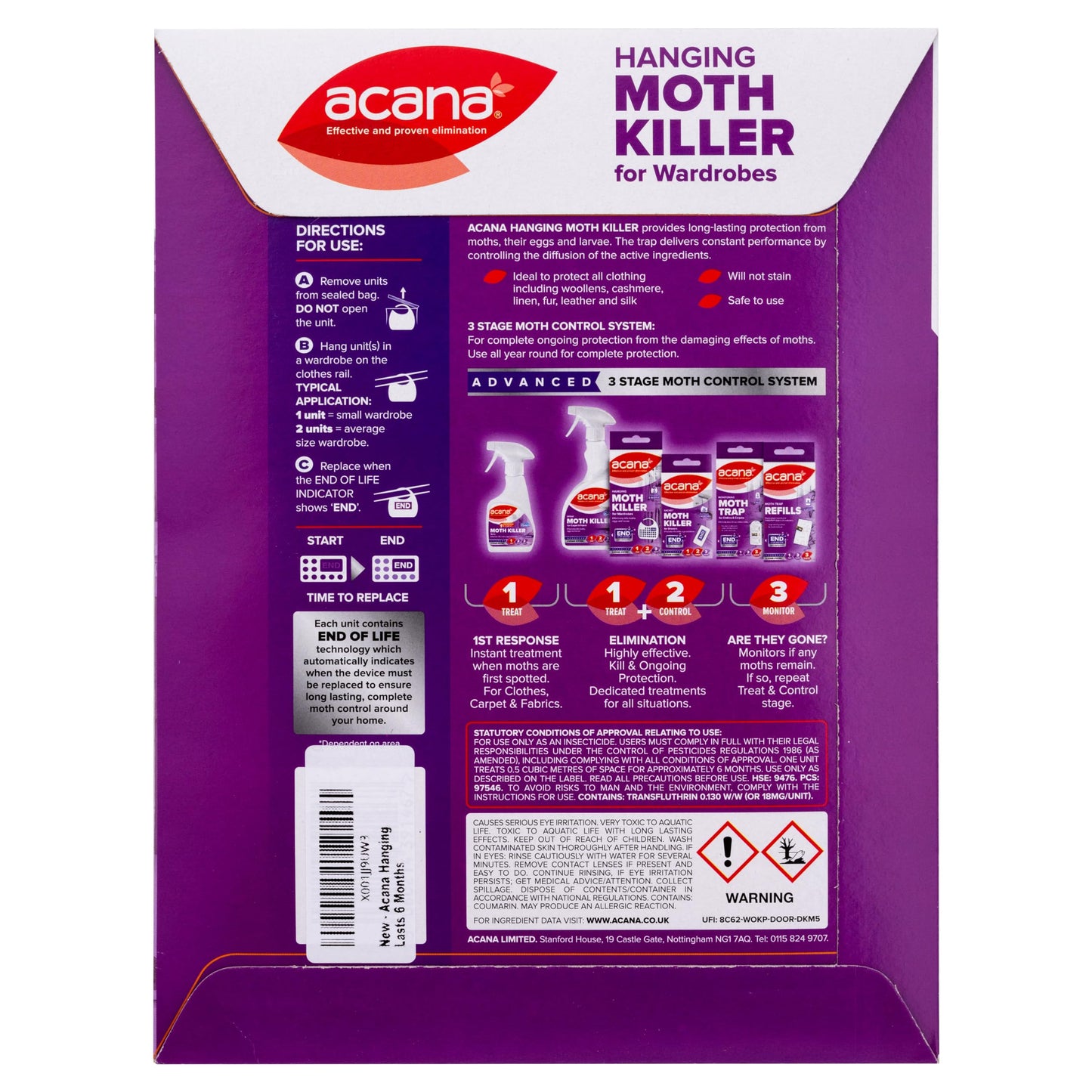 Acana Hanging Moth Killer & Freshener, 4 Pack - Lavender Fragrance, Natural Oils - For Wardrobes - Protects Clothing & Bedding - Each Lasts 6 Months Wardrobe Option