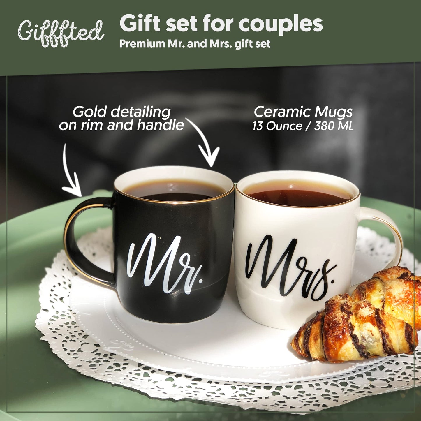 Triple Gifffted Mr and Mrs Coffee Mugs - Engagement Gifts for Couples, Wedding Anniversary, Newlyweds, Bride & Groom, Christmas, Valentines for Parents, His & Hers, Ceramic Cup, 380ML