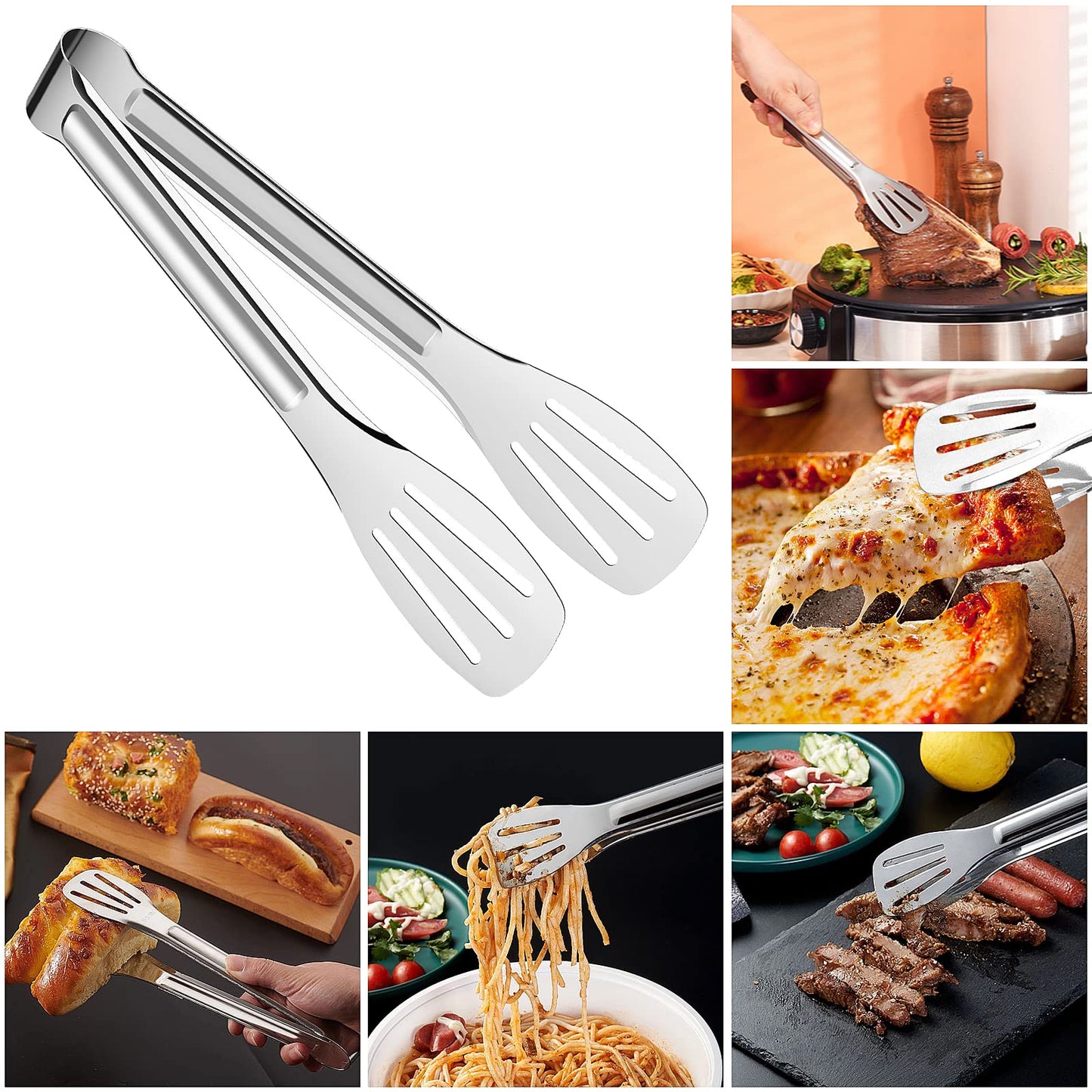 8 Pack Serving Tongs Buffet, 7 Inch Salad Tongs Server Kitchen Tongs, Stainless Steel Small Cooking BBQ Tongs Bread Cake Tongs for Wedding Birthday Party Candy Bar Utensils A