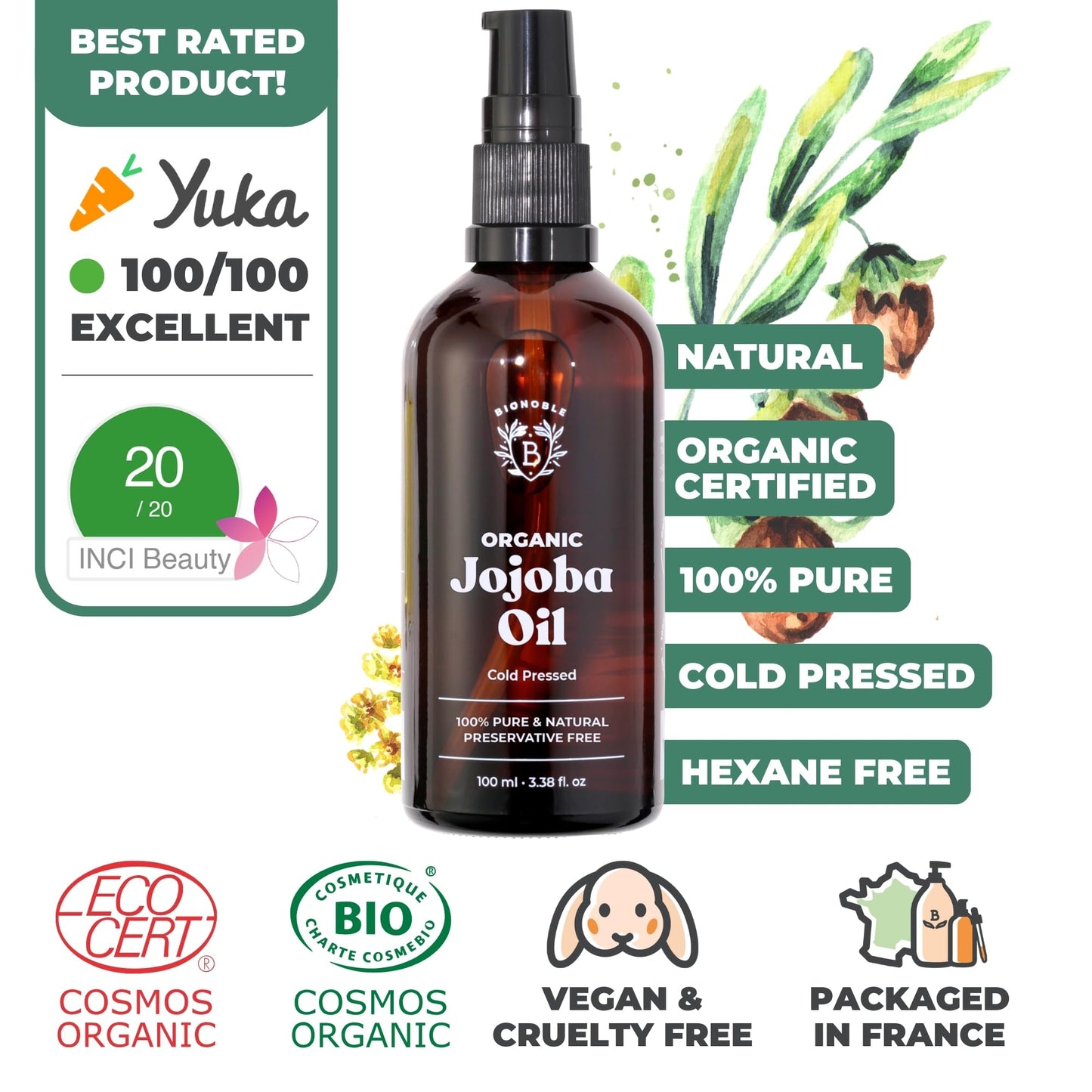 Bionoble Organic Jojoba Oil 100ml - 100% Pure, Natural and Cold Pressed - Face, Body, Hair, Beard, Nails - Vegan and Cruelty Free - Glass Bottle + Pipette + Pump 100 ml (Pack of 1)