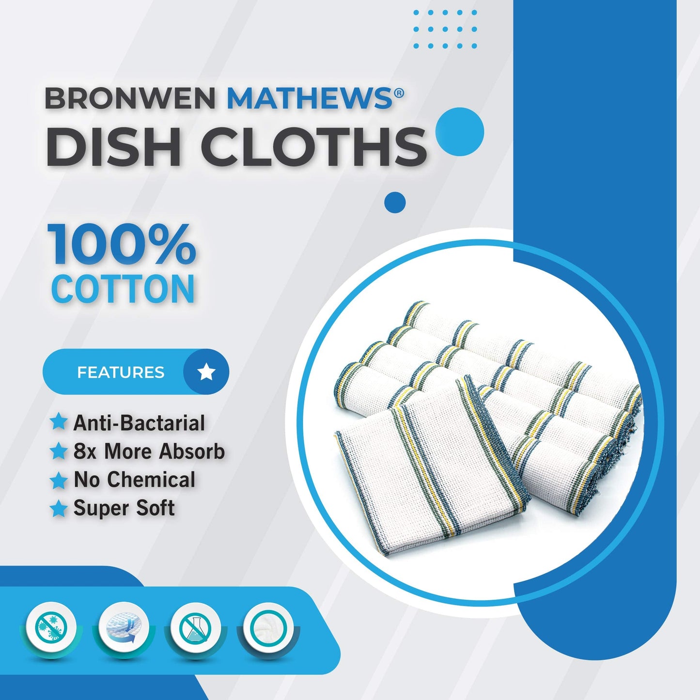 Bronwen Mathews® Dish Cloths Cleaning Hygiene 100% Cotton Antibacterial Absorbent Lint Free Cloths Kitchen Towels Washing Up Dishcloths Tea Towels Set Pack of 10