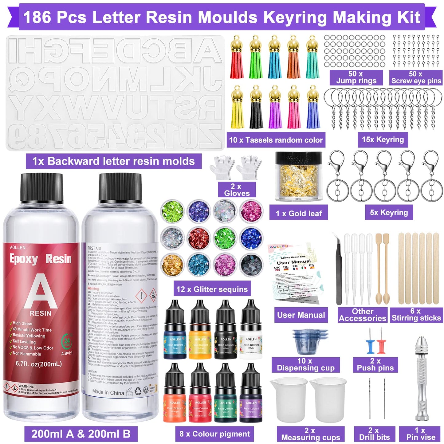 AOLLEN Epoxy Resin Kits for Beginners, 186 Pcs Letter Number Resin Silicone Moulds Keyring Making Kit, 400ml Crystal Clear Resin Accessories with Pigment, Glitter Sequin, Gold Leaf, Keychain Tassels