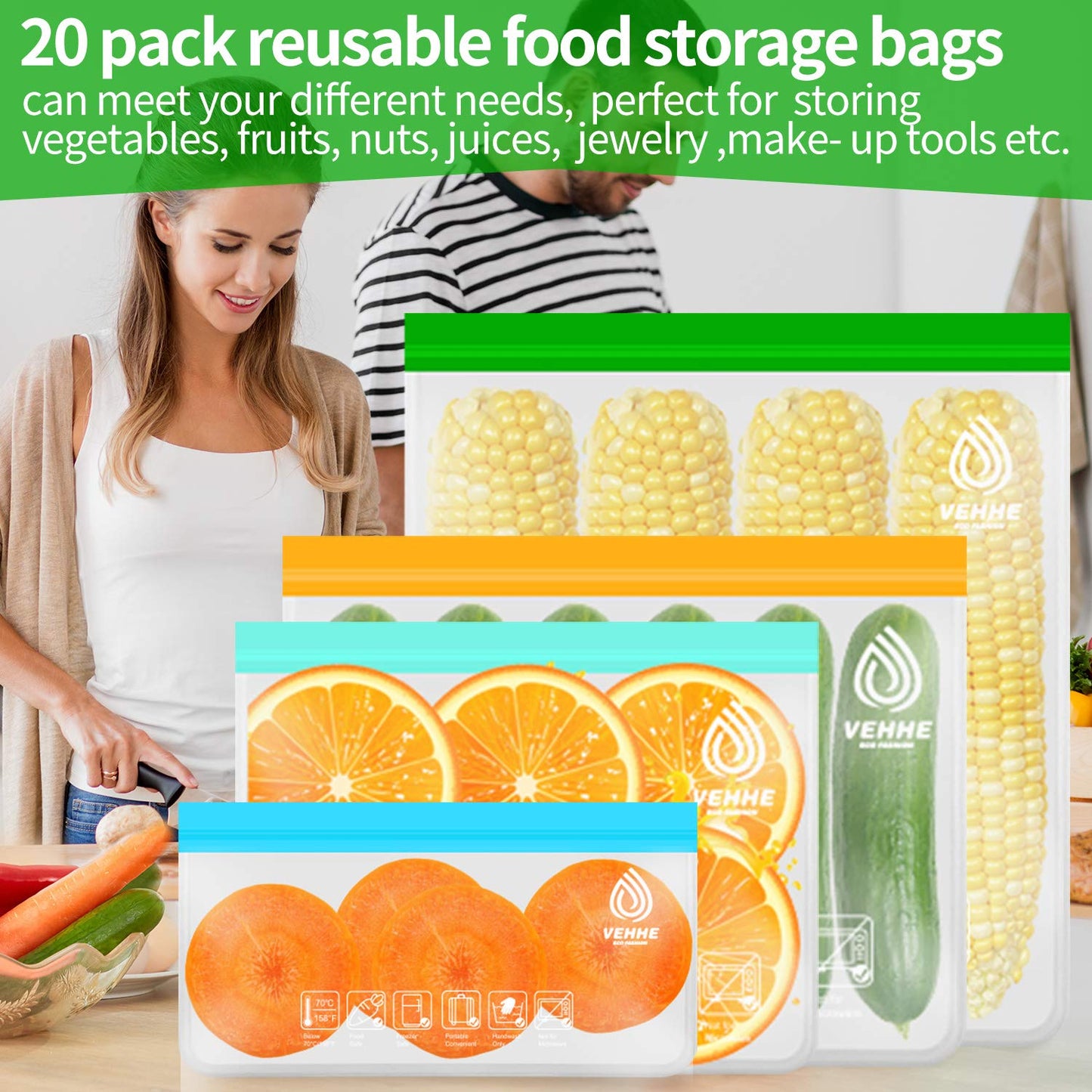 VEHHE 20 Pack Reusable Food Storage Bags (2 Gallon Reusable Freezer Bags + 6 Reusable Sandwich Bags + 6 Reusable Ziplock Bags + 6 Snack Bags) Leakproof Lunch Bags for Travel Jewelry Make-Up