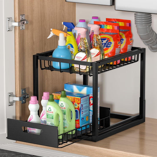 Avaspot Metal Under Sink Storage, 2 Tier Under Sink Organiser Comes with 4 Non-Slip Pads and Slide Out Drawer, 2 Plastic Liners for Small Items for Kitchen/Bathroom Black