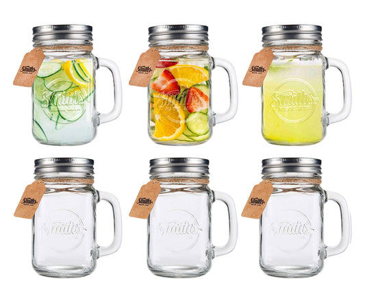 Smiths Mason Jars 6 Packs 16oz (473ml) Glass Jars with Handles and Screw Top | Drinking Glasses Ideal for Making Overnight Oats and Smoothiess 6 Mugs Set