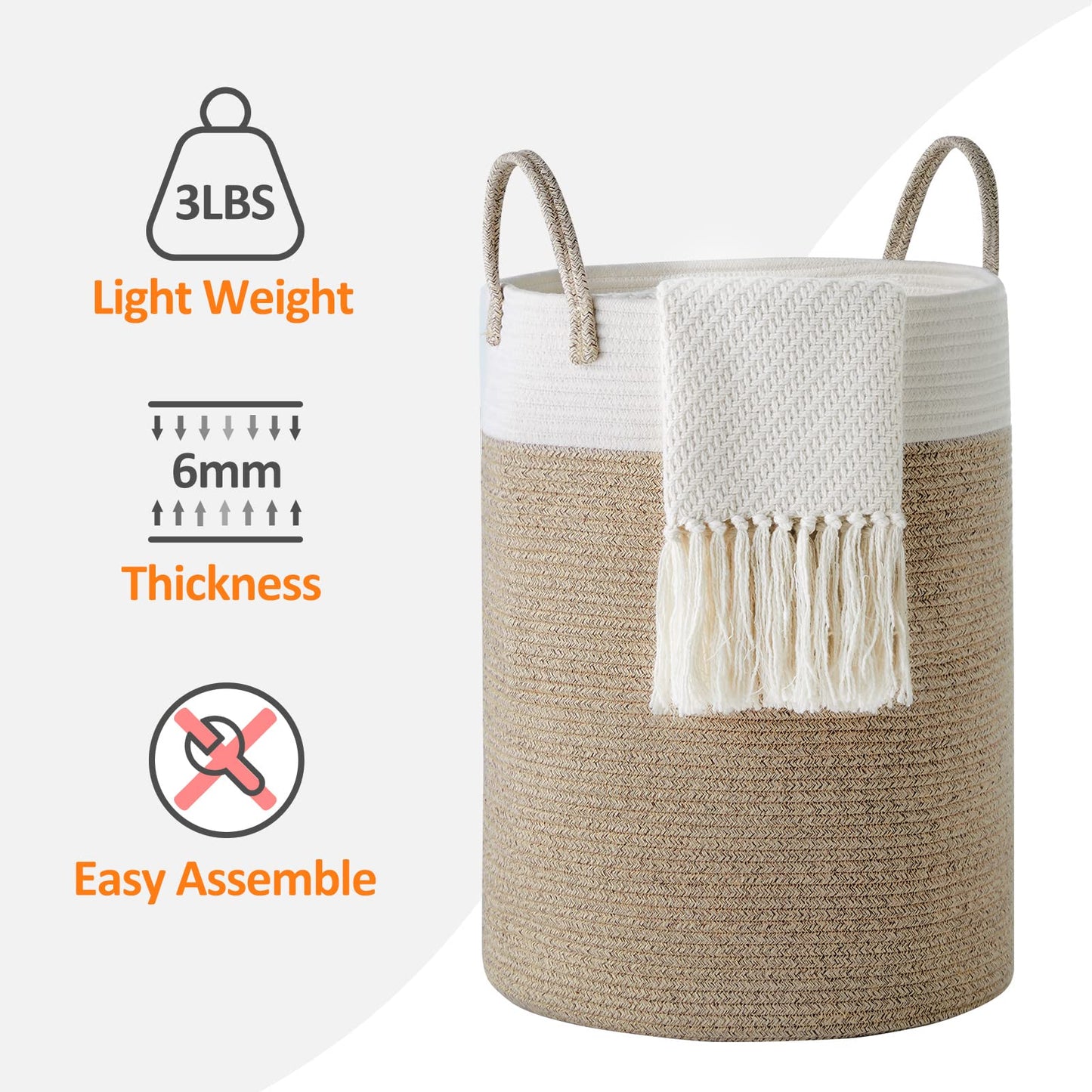 YOUDENOVA Cotton Rope Basket Large Blanket Basket Woven Storage Basket Toy Storage Organiser Nursery Decor Laundry Hamper with Handle 58L (38cm(D) x50cm(H), White & Brown) 38cm(D)x50cm(H) White & Brown 1