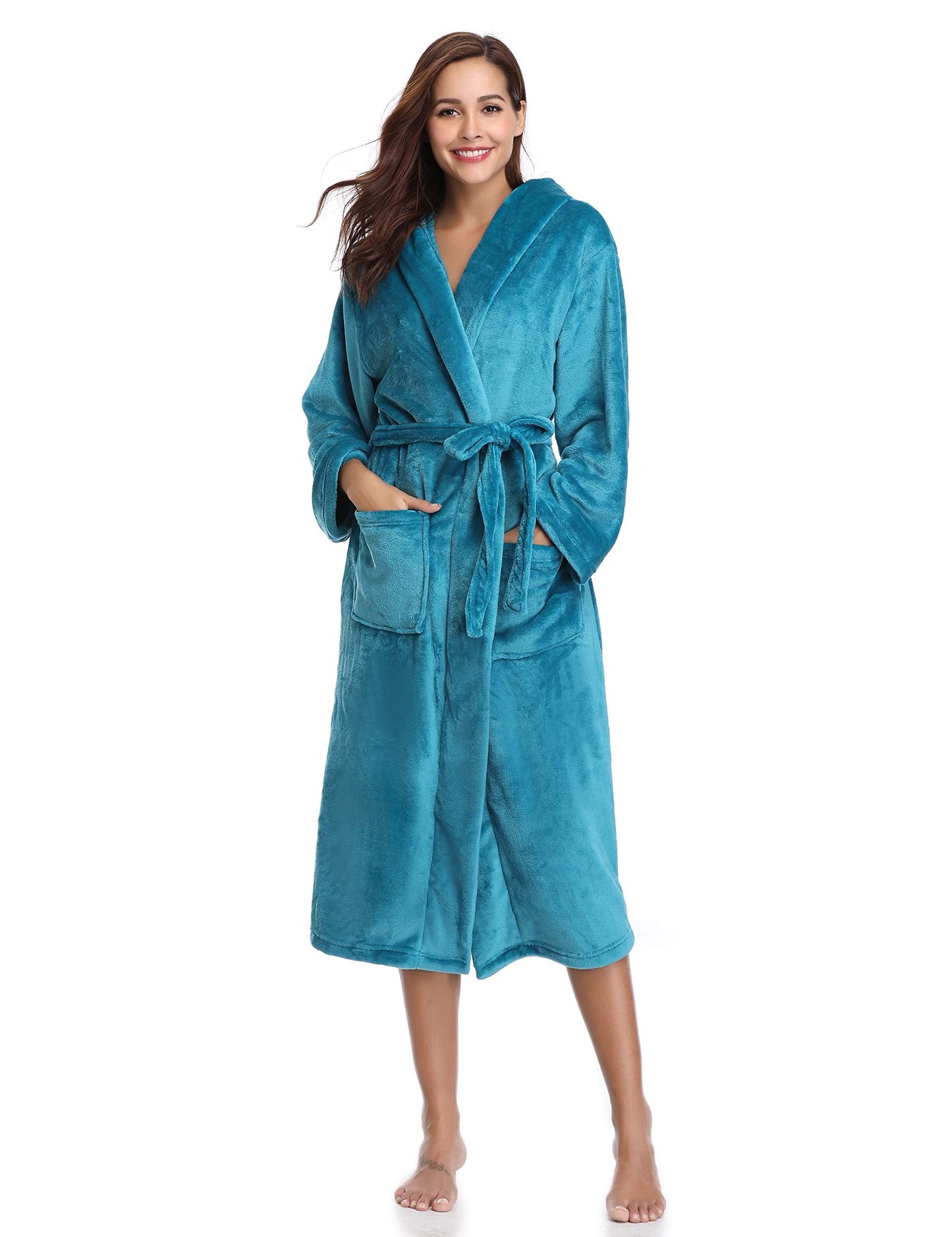 Vlazom Ladies Dressing Gown, Flannel Soft Robe Warm Fluffy Bathrobes with Hooded or Shawl Collar Long Robe for Cold Day Peacock Blue-with Hooded M