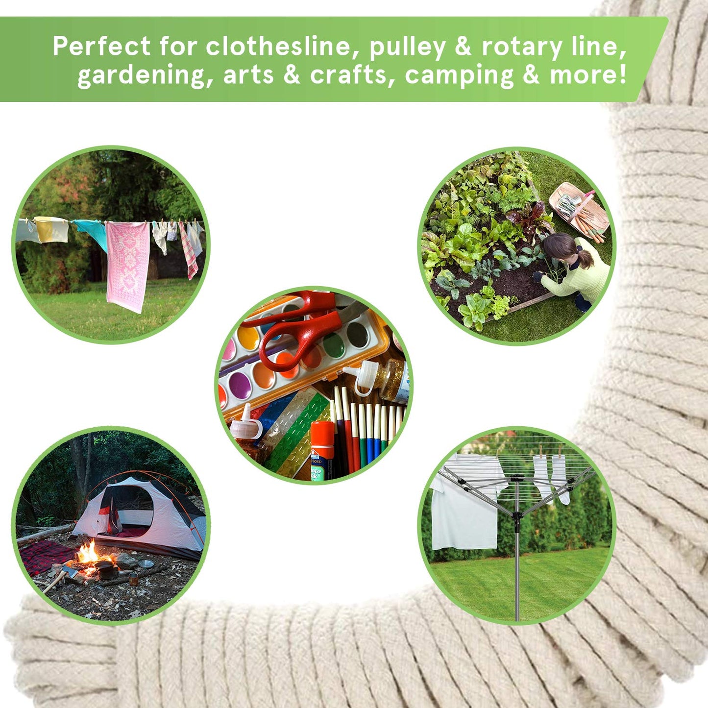 “The Strongest” Natural Cotton Clothesline Pulley by Smith’s® | 10m/33ft X 5.5mm | Soft Braided 130kgs Pulling Force Rope | Snag & Tear Resistant | 1 Year Guarantee! 10m (33ft)