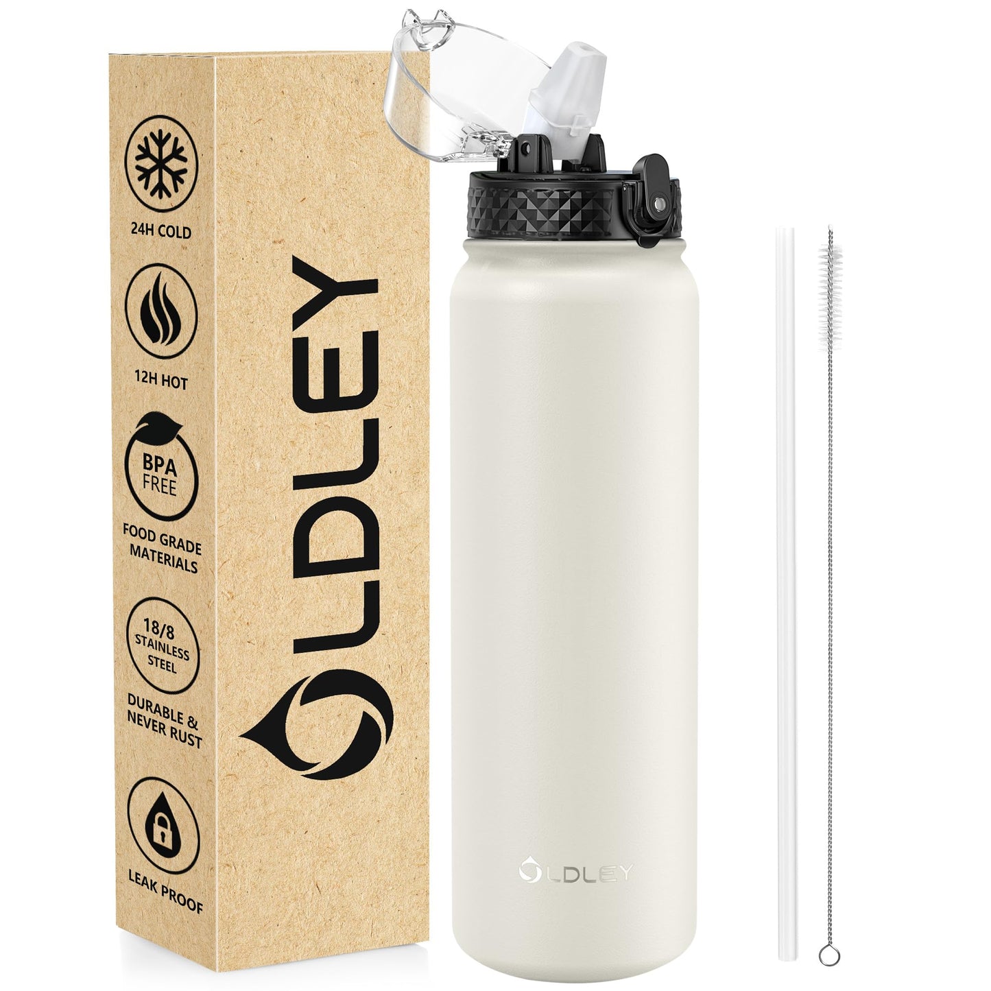 OLDLEY Stainless Steel Water Bottle with Straw 1L Vaccum Insulated Large Drink Flask Metal Water Bottles 1 Litre Leakproof Keep Drinks Hot Cold for Bike Camping Sports Gym Adult Women Men 1 Lid Cream