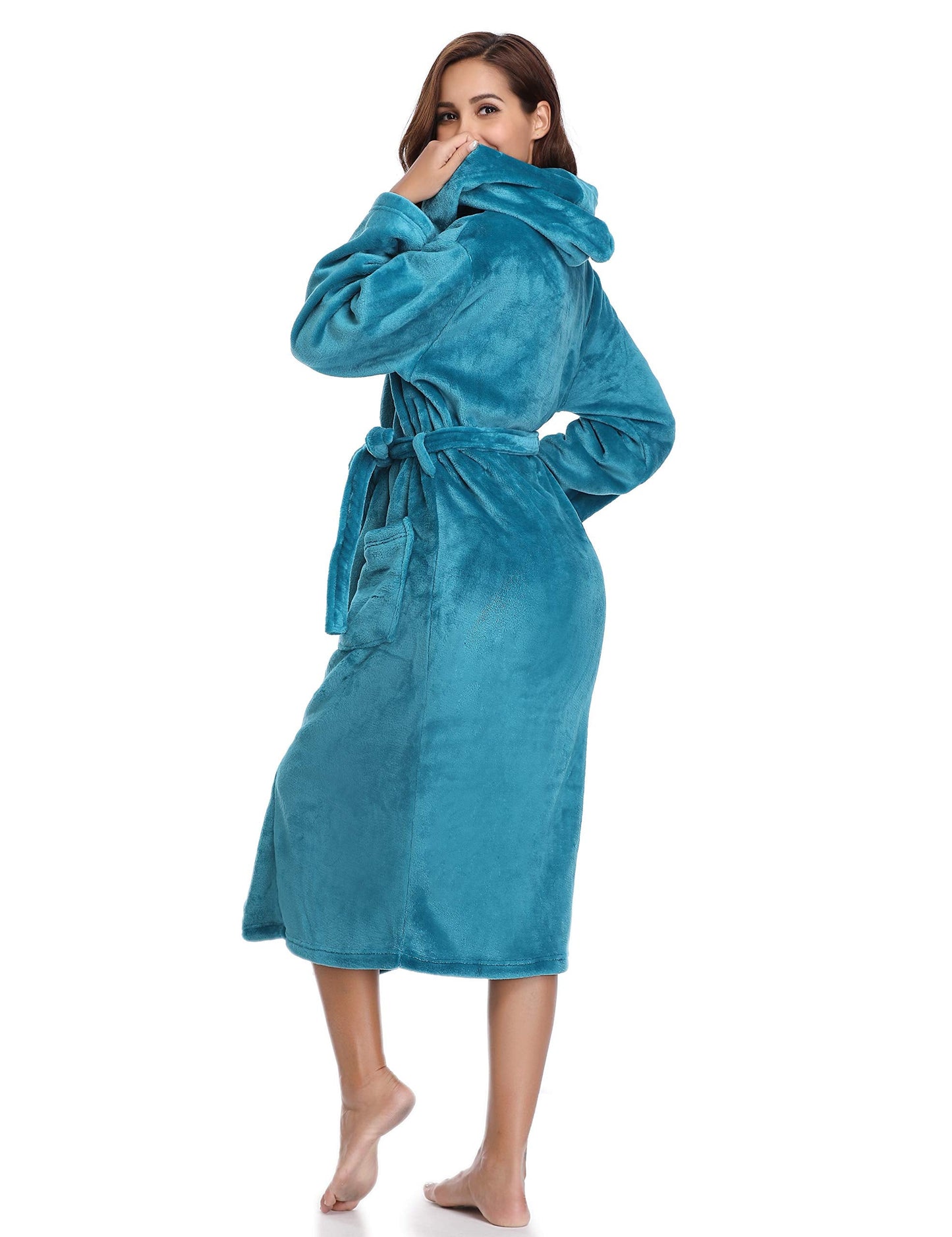 Vlazom Ladies Dressing Gown, Flannel Soft Robe Warm Fluffy Bathrobes with Hooded or Shawl Collar Long Robe for Cold Day Peacock Blue-with Hooded M