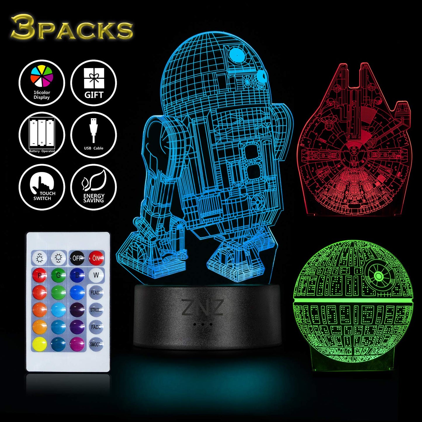 3D Star Wars Lamp, ZNZ LED Optical Illusion Night Light, 16 Colors Changing Remote Touch Mood Lamp - Perfect Christmas and Birthday Gifts for Kids Men Women and Star Wars Fans 0-star Wars