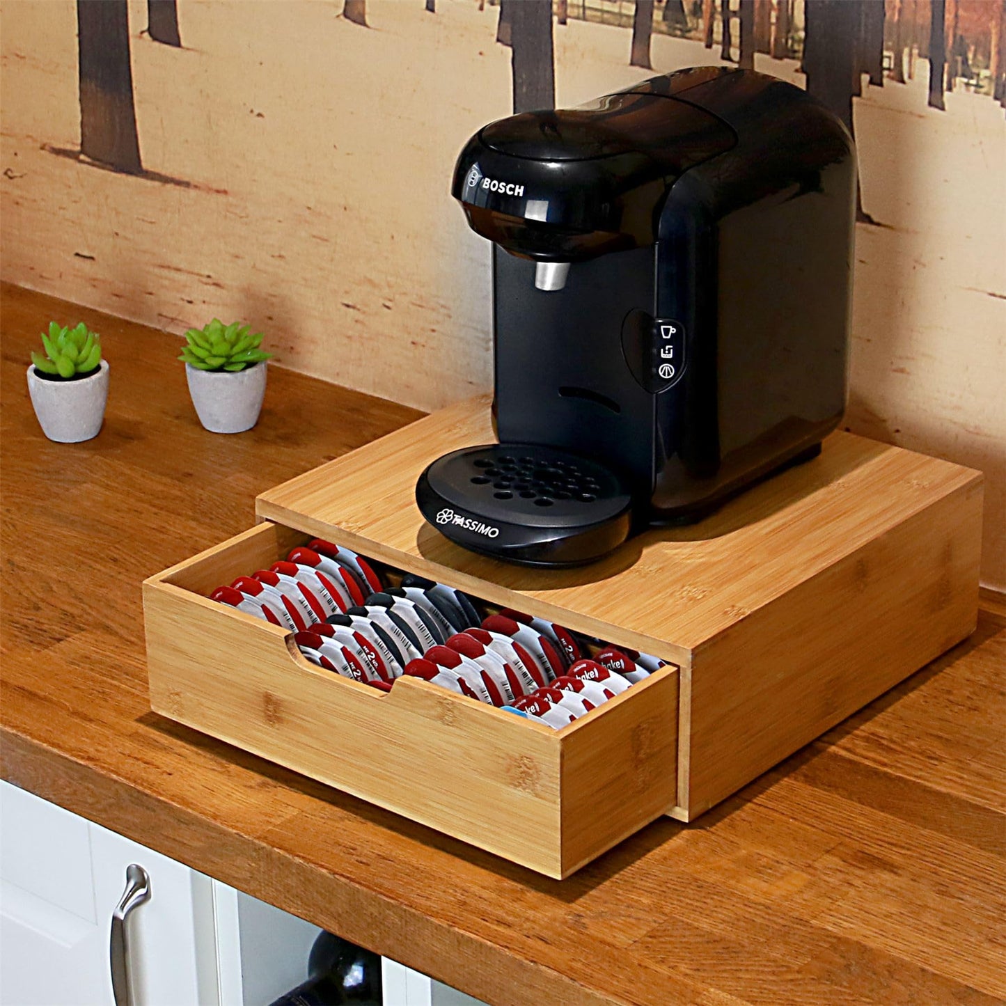 Bamboo 64 Coffee Pod Drawer | Tassimo Pod Compatible | Coffee Machine Stand | Pod Drawer Dispenser | Wooden Kitchen Storage for Coffee & Tea | M&W