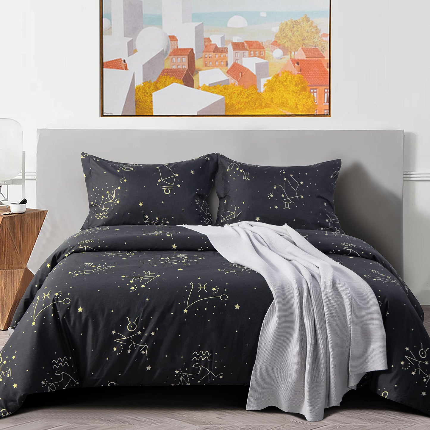 NTBAY 3 Pieces 100% Brushed Microfiber King Duvet Cover Set, Super Soft Black Background Printed Reversible Design Zippered Comforter Cover with Ties and 2 Oxford Pillowcases (King, Constellation)