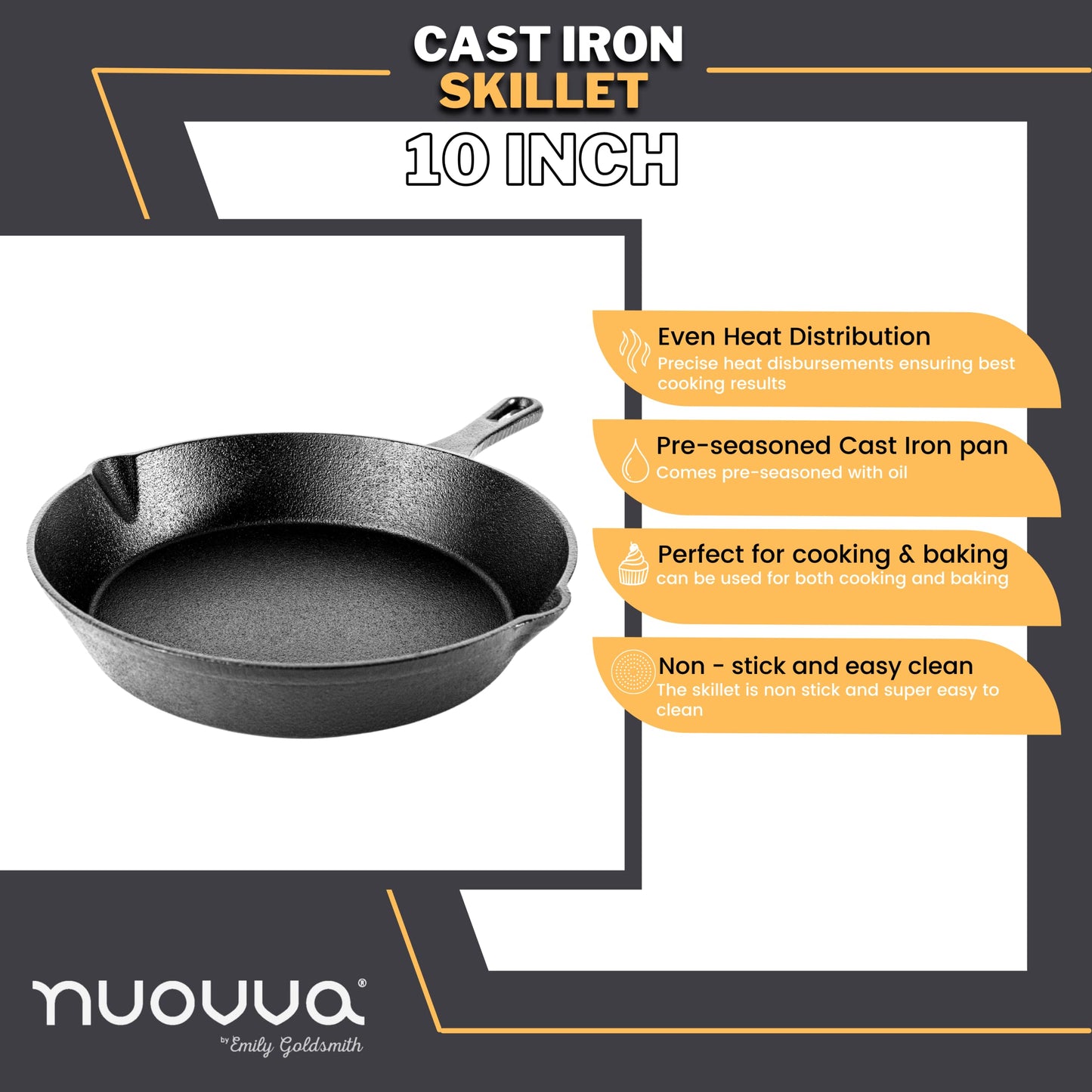 nuovva Pre-Seasoned Cast Iron Skillet Frying Pan Oven Safe Cookware for Indoor & Outdoor Use - Grill, StoveTop, Black (10inch - 25cm) 10 inch