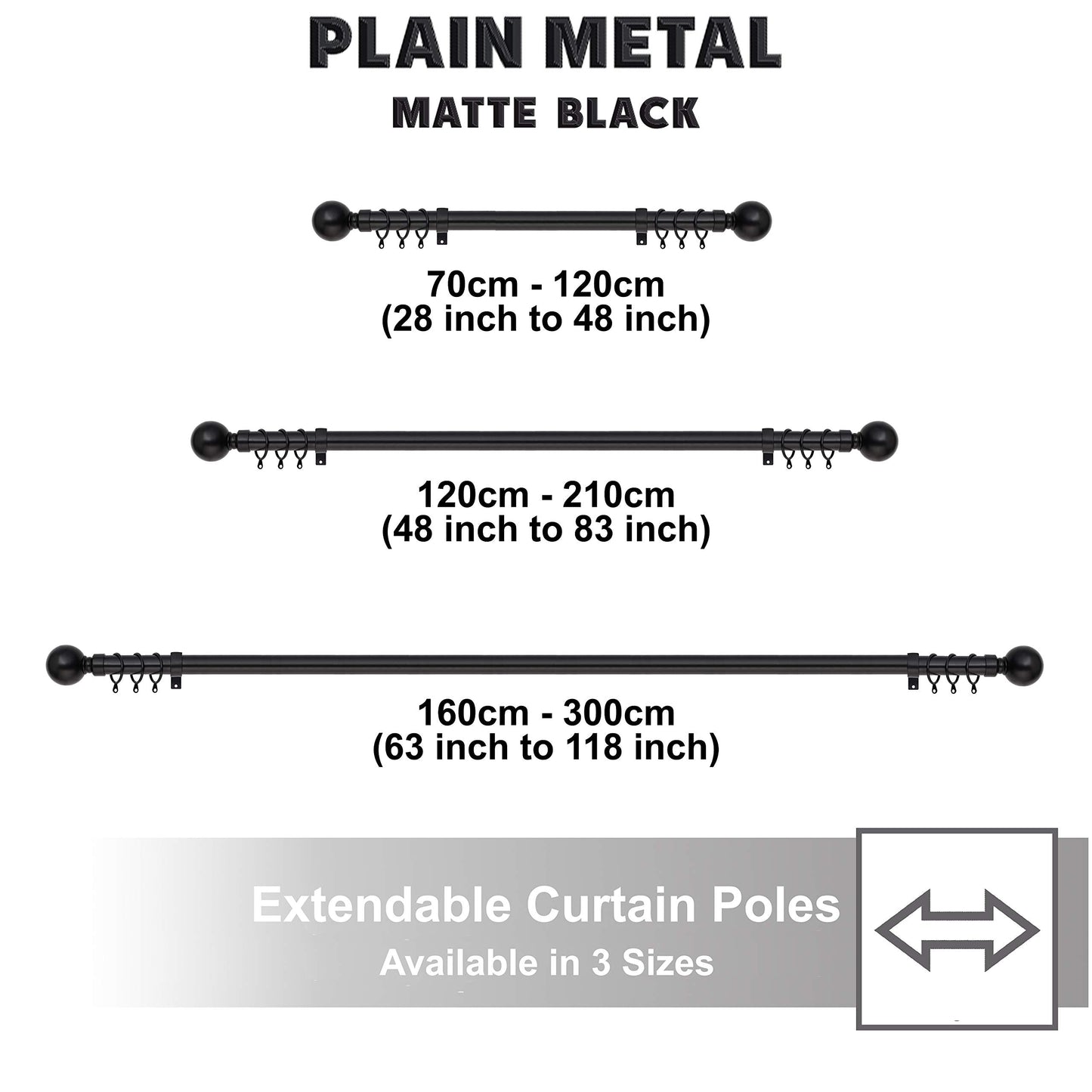 Plain Metal Ball Extendable Curtain Pole. Includes Pair Of Superior 60mm Size Finials, Rings, Brackets & Fittings Set. (Mat Black, 120cm - 210cm, 48 inch to 83 Inch) Mat Black