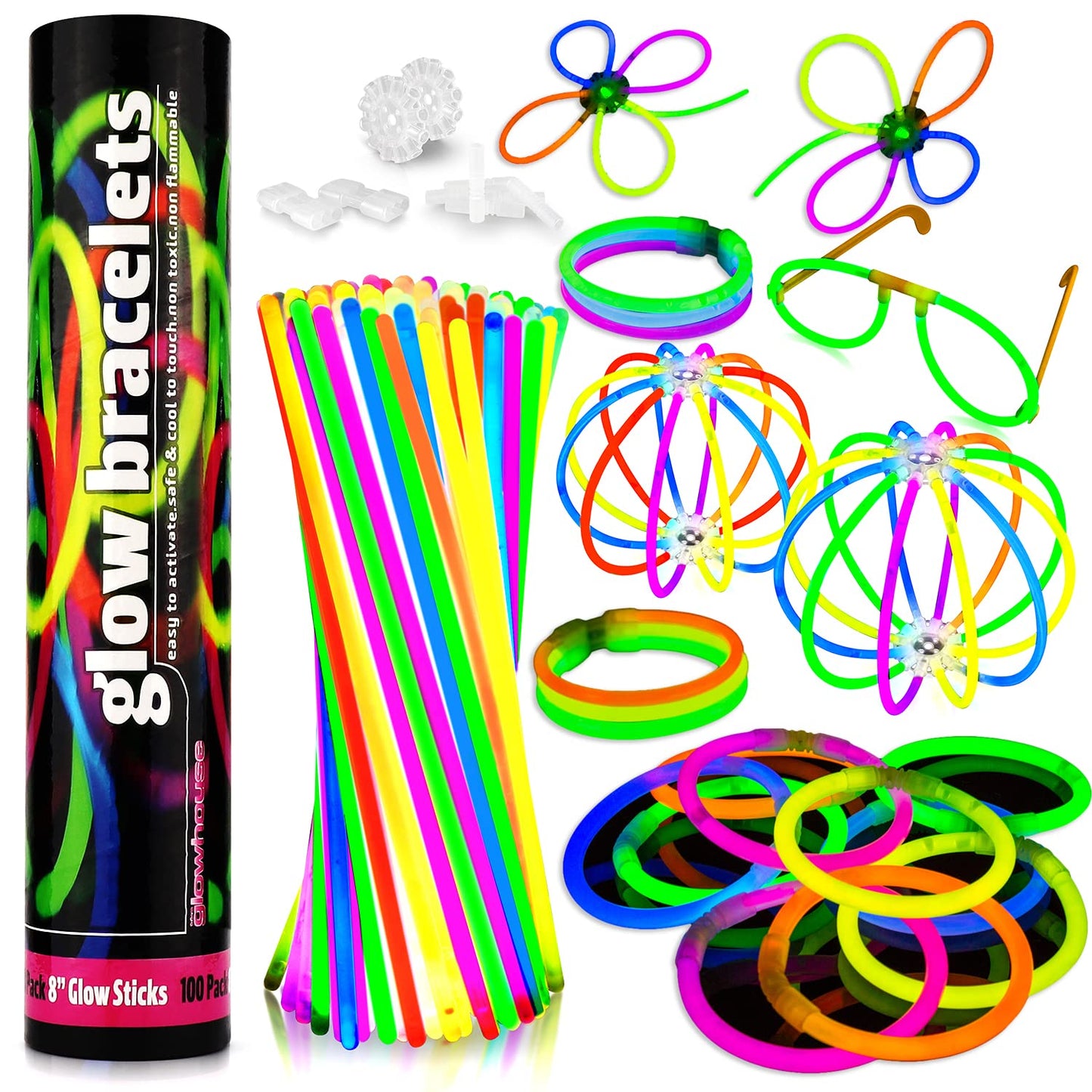 The Glowhouse UK Premium Glow Sticks for Kids Adults Bulk 205 Pcs Party Pack inc Glow Glasses kit and Connectors for Bracelets and Necklaces. Mixed Bright Long Lasting Glowsticks UK