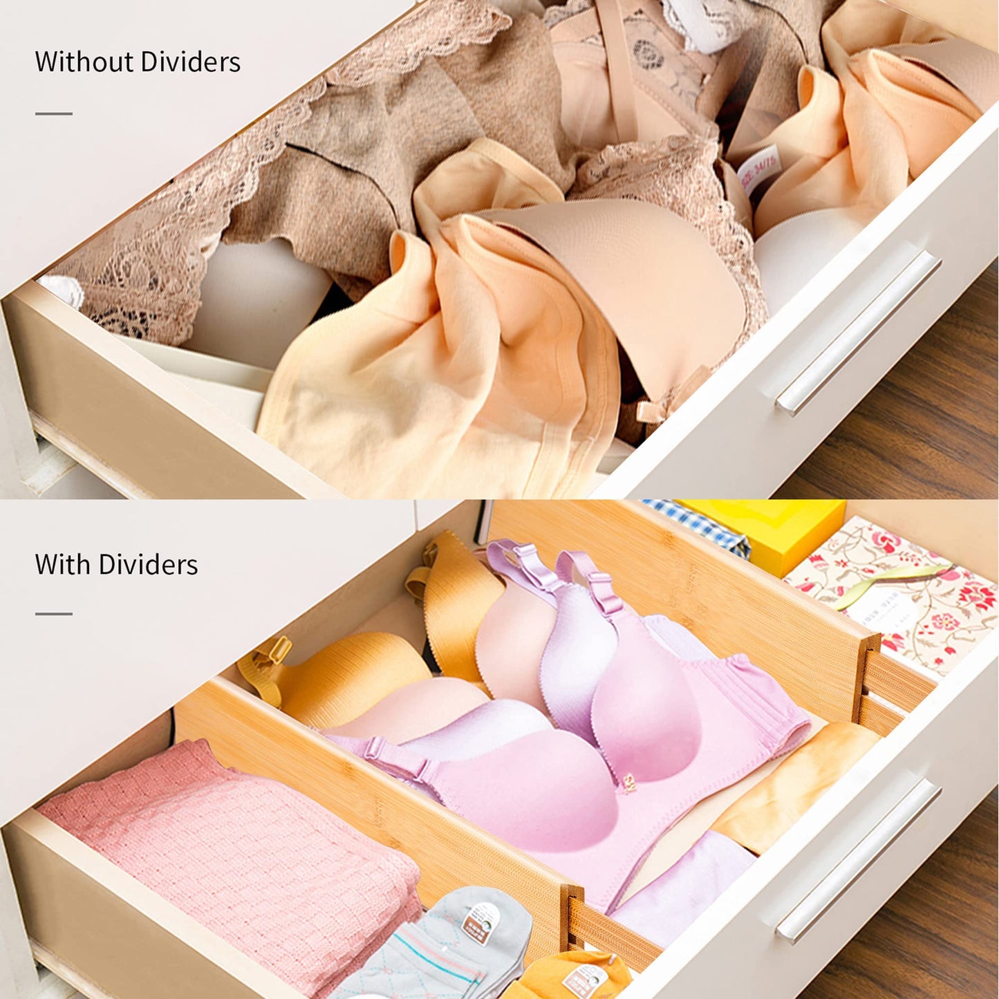 Utoplike 4pcs Bamboo Drawer Dividers, Adjustable Organisers, Spring Loaded Kitchen Utensil Organiser, Cultery Trays Organisers for Clothes, Bathroom, Baby Drawer, Tools Small Natural