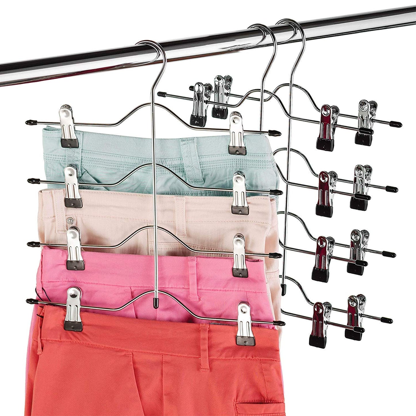 Premium 4-Tier Trouser Hangers with Clips (3 Pack) Strong & Durable Chrome Metal Skirt Hangers - Space Saving, Multi Layer Hanger for Trousers with Non Slip Adjustable Clip - Hang Slack/Pant & Jean Set of 3