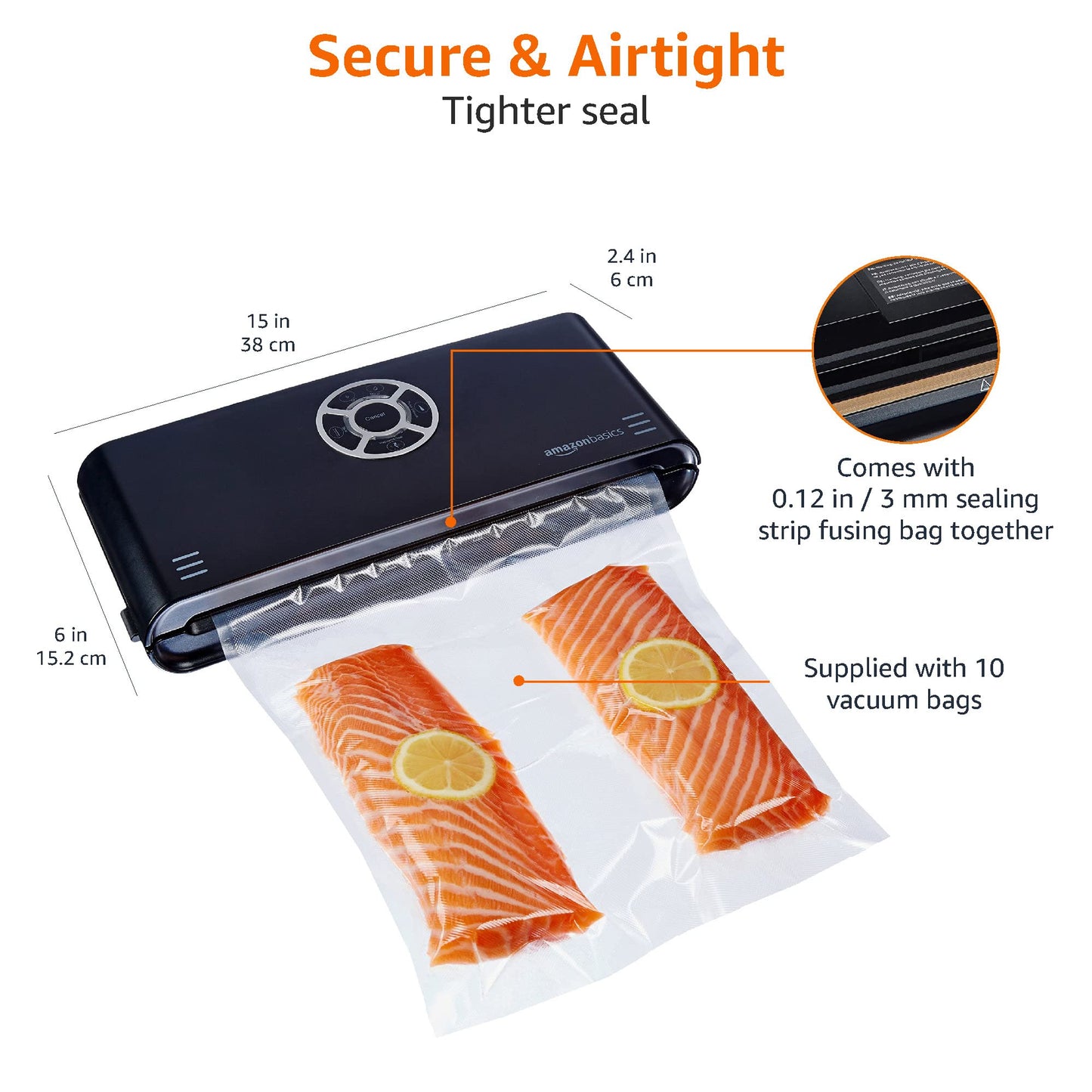 Amazon Basics Vacuum Sealer Machine for Sous Vide Cooking, 30cm Seam with 10 Bags for Preserving Meat, Fish, Fruits, and Vegetables, Black Pack of 10 Vacuum Sealer + Bags