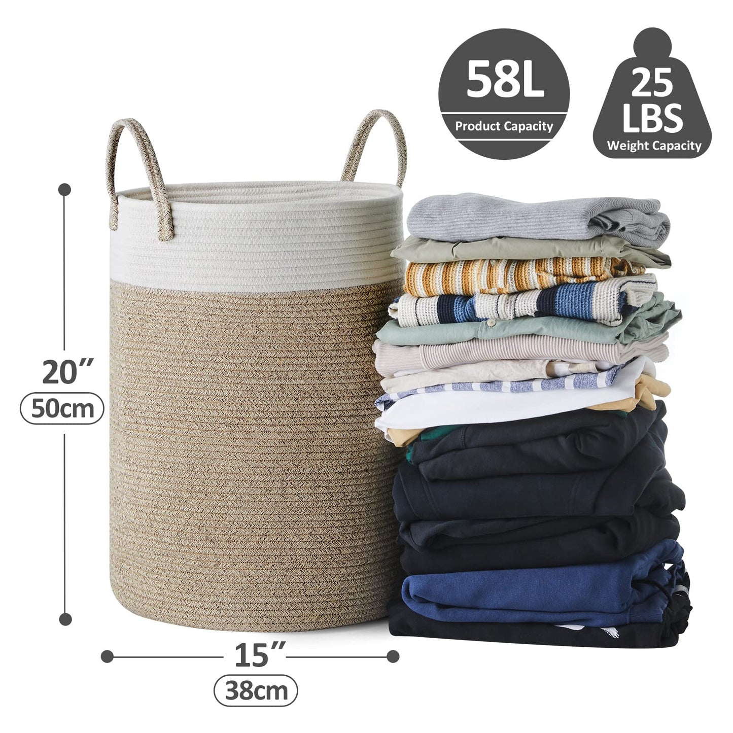 YOUDENOVA Cotton Rope Basket Large Blanket Basket Woven Storage Basket Toy Storage Organiser Nursery Decor Laundry Hamper with Handle 58L (38cm(D) x50cm(H), White & Brown) 38cm(D)x50cm(H) White & Brown 1