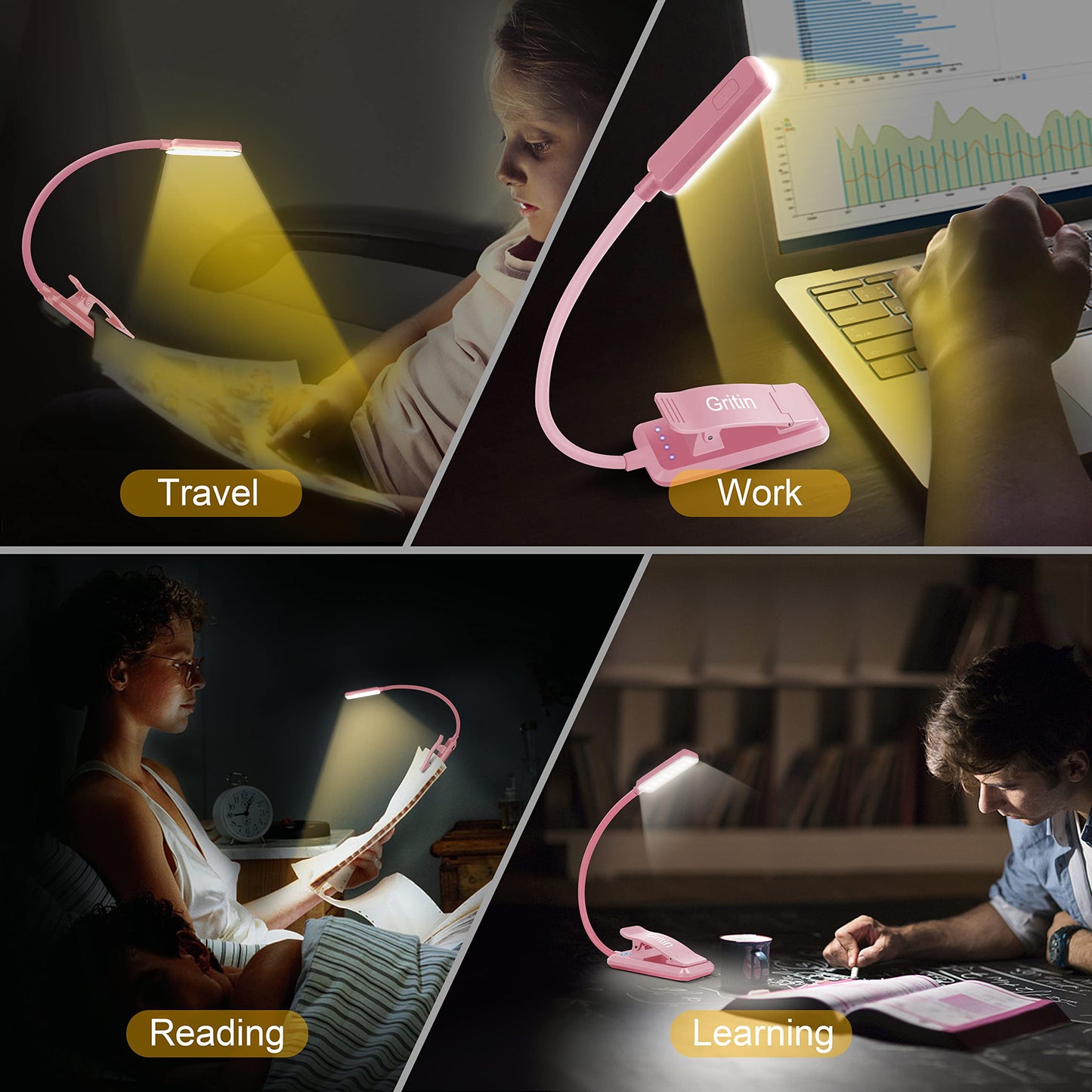 Gritin 9 LED Book Light, 3 Eye-Protecting Modes Reading Light Book Lamp (Warm&Cool White Light) -Stepless Dimming, Rechargeable, Long Battery Life, 4-Level Power Indicator -Pink Pink