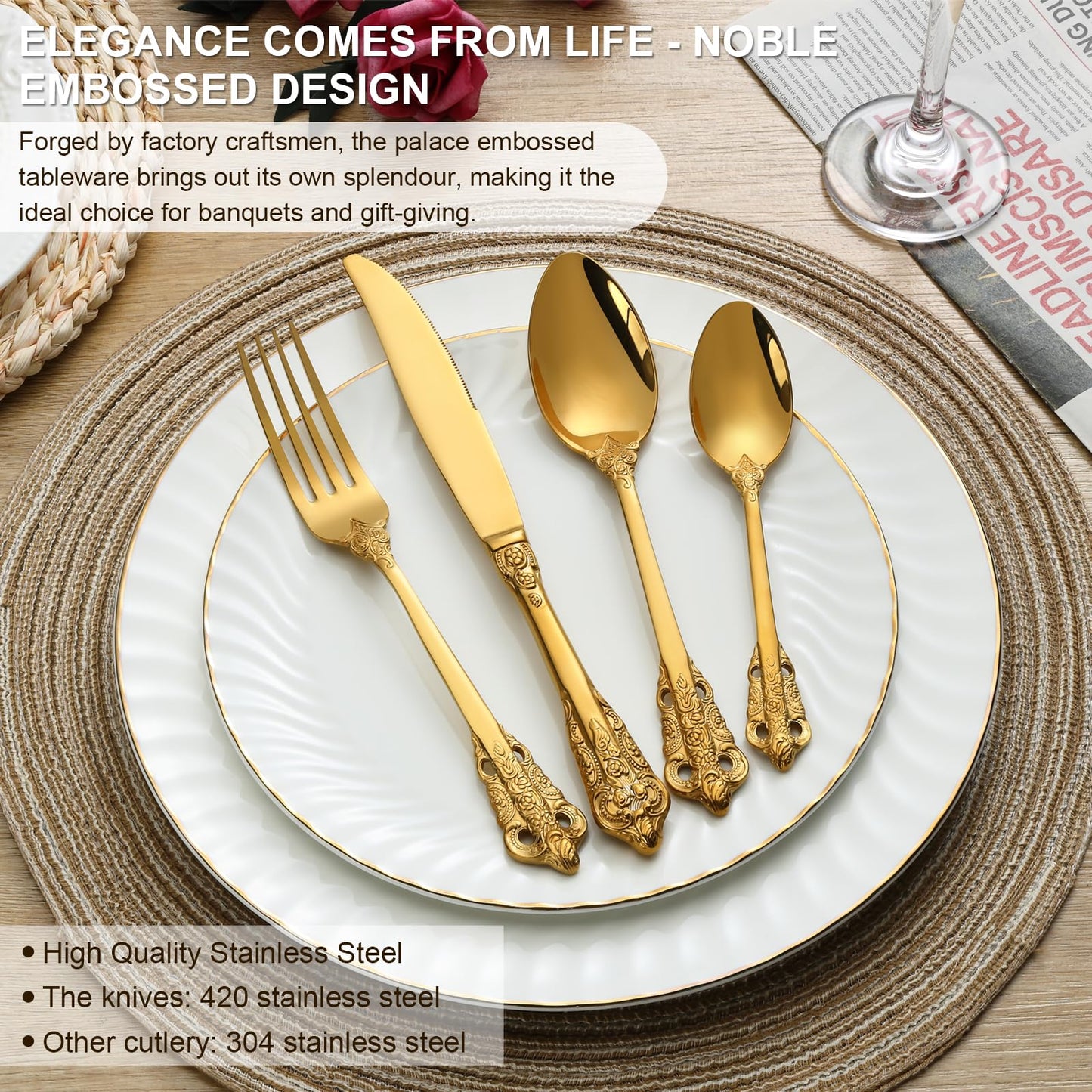 BEWOS 16 Piece Gold Palace Cutlery Set, Premium Stainless Steel Cutlery, Embossed Design Handles, Family and Banquet Knife and Fork Sets, Stunning Polished & Gift Wrapped, Dishwasher Safe 16p Palace Gold With Gift Box 16 Pieces