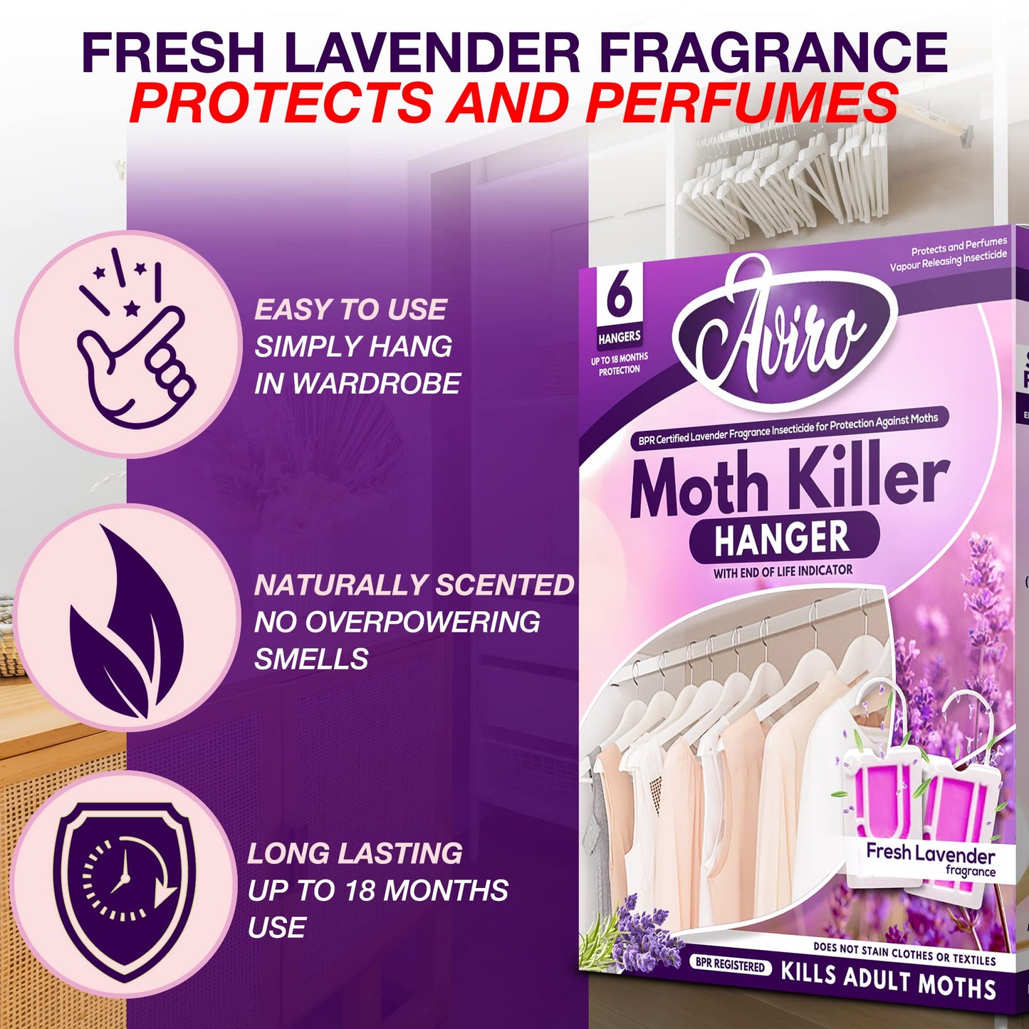 Aviro Moth Repellent for Wardrobes - 12 Moth Killer Hangers with Natural Lavender Scent. Highly Effective Easy to Use Moth Repellent for Clothes. UK Made 1 count (Pack of 12)