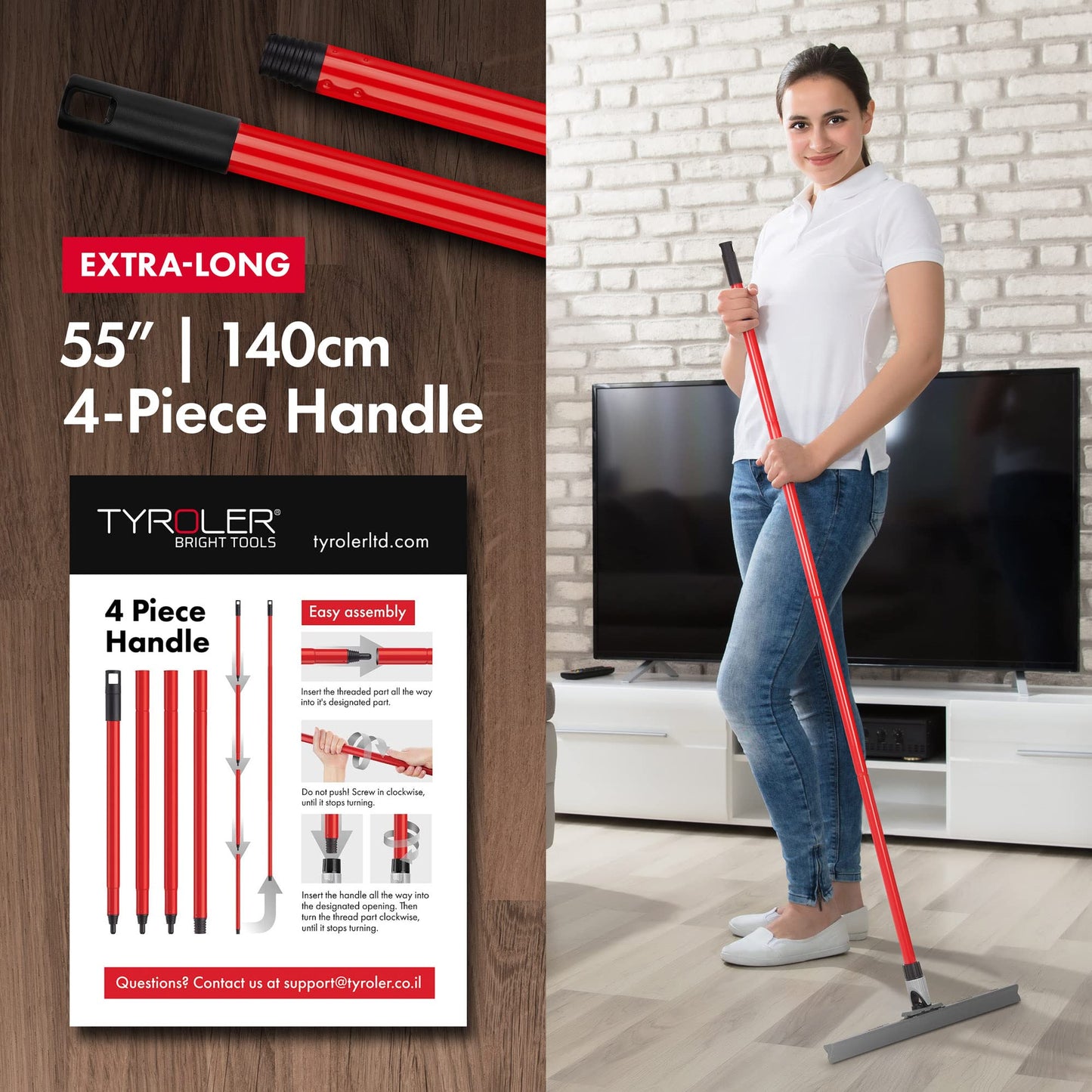 Tyroler Bright Tools Patented Floor Squeegee Heavy Duty 45 Cm, Solid 100% Silicone, New Aluminum Anti-Rust 4 Part Handle, Adjustable Knuckle Joint - Best for Washing, Drying, Bathroom, Wet Room, Floor