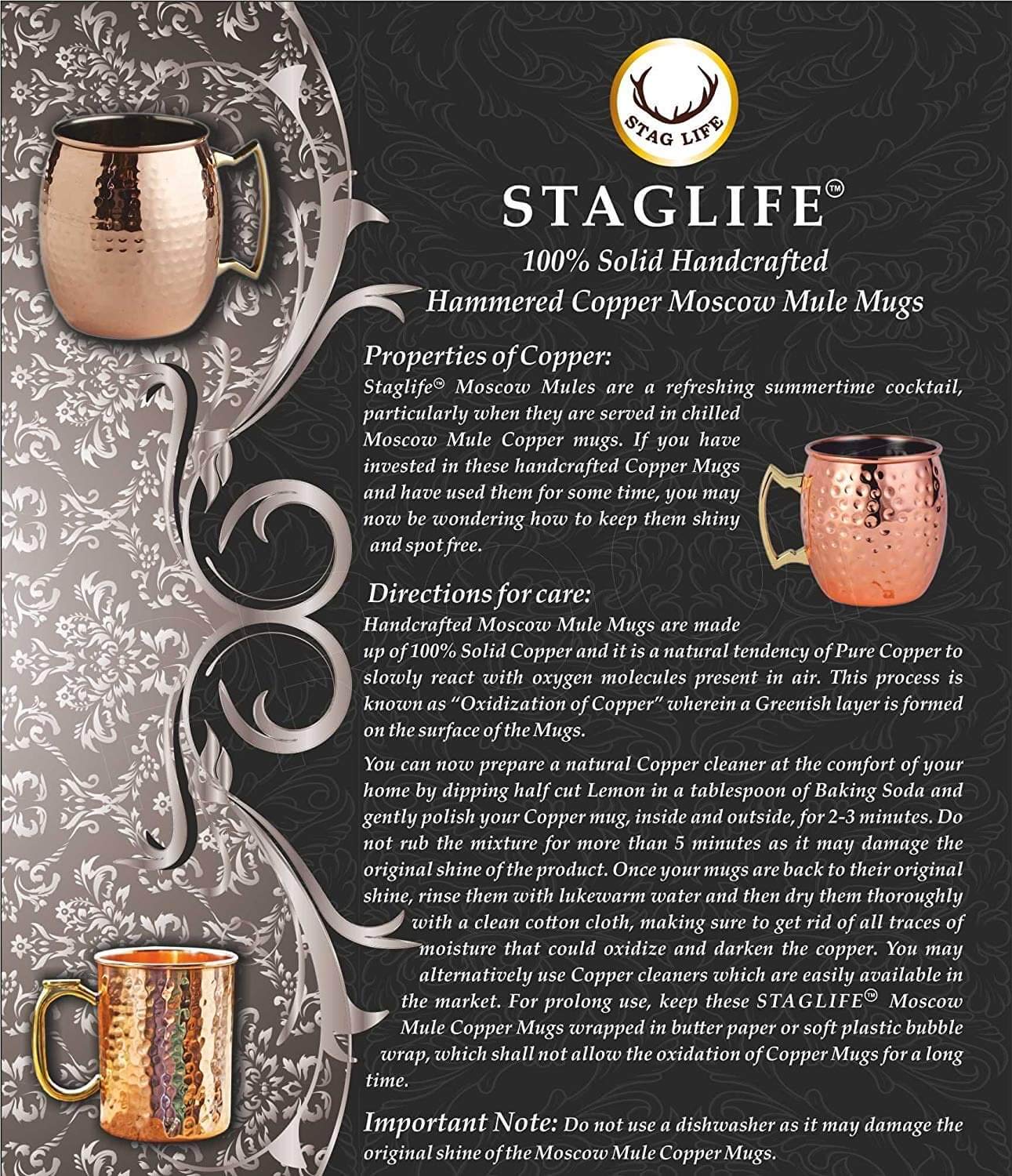 STAGLIFE 16 Oz Black Moscow Mule Copper Mugs, Genuine Copper Cups for Drinking Moscow Mules, Handcrafted Solid Real Copper Mug Cup, Hammered Gift Set of 2 16 ounces Bold Black