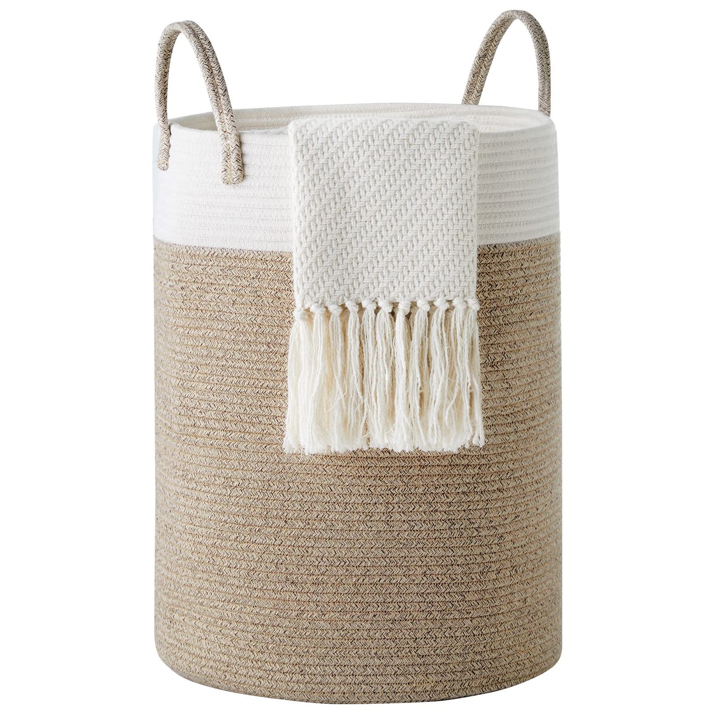 YOUDENOVA Cotton Rope Basket Large Blanket Basket Woven Storage Basket Toy Storage Organiser Nursery Decor Laundry Hamper with Handle 58L (38cm(D) x50cm(H), White & Brown) 38cm(D)x50cm(H) White & Brown 1