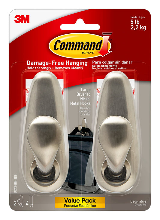 Command FC13-BN-2ES Large Forever Classic, Brushed Nickel, 2 Hooks, 4 Strips/Pack Large, 2 Hooks