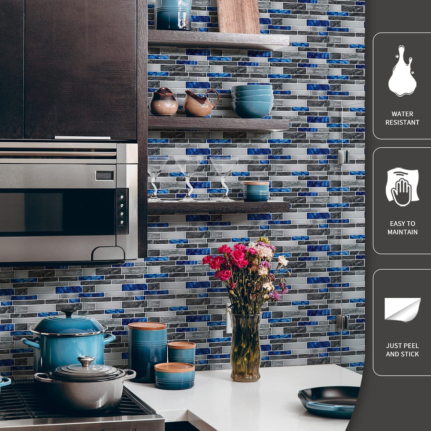 Art3d 10-Sheet Premium Self-Adhesive Kitchen Backsplash Tiles in Marble,30 * 30cm Blue