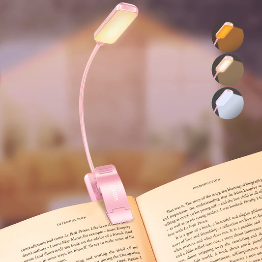 Gritin 9 LED Book Light, 3 Eye-Protecting Modes Reading Light Book Lamp (Warm&Cool White Light) -Stepless Dimming, Rechargeable, Long Battery Life, 4-Level Power Indicator -Pink Pink