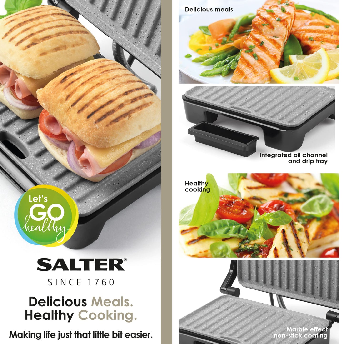 Salter EK2009 Marblestone Electric Health Grill & Panini Press - Non-Stick Plates, Multifunctional Healthy Cooking For Toasted Sandwiches, Kebabs, Steak, Meat, Automatic Temperature Control, 750W