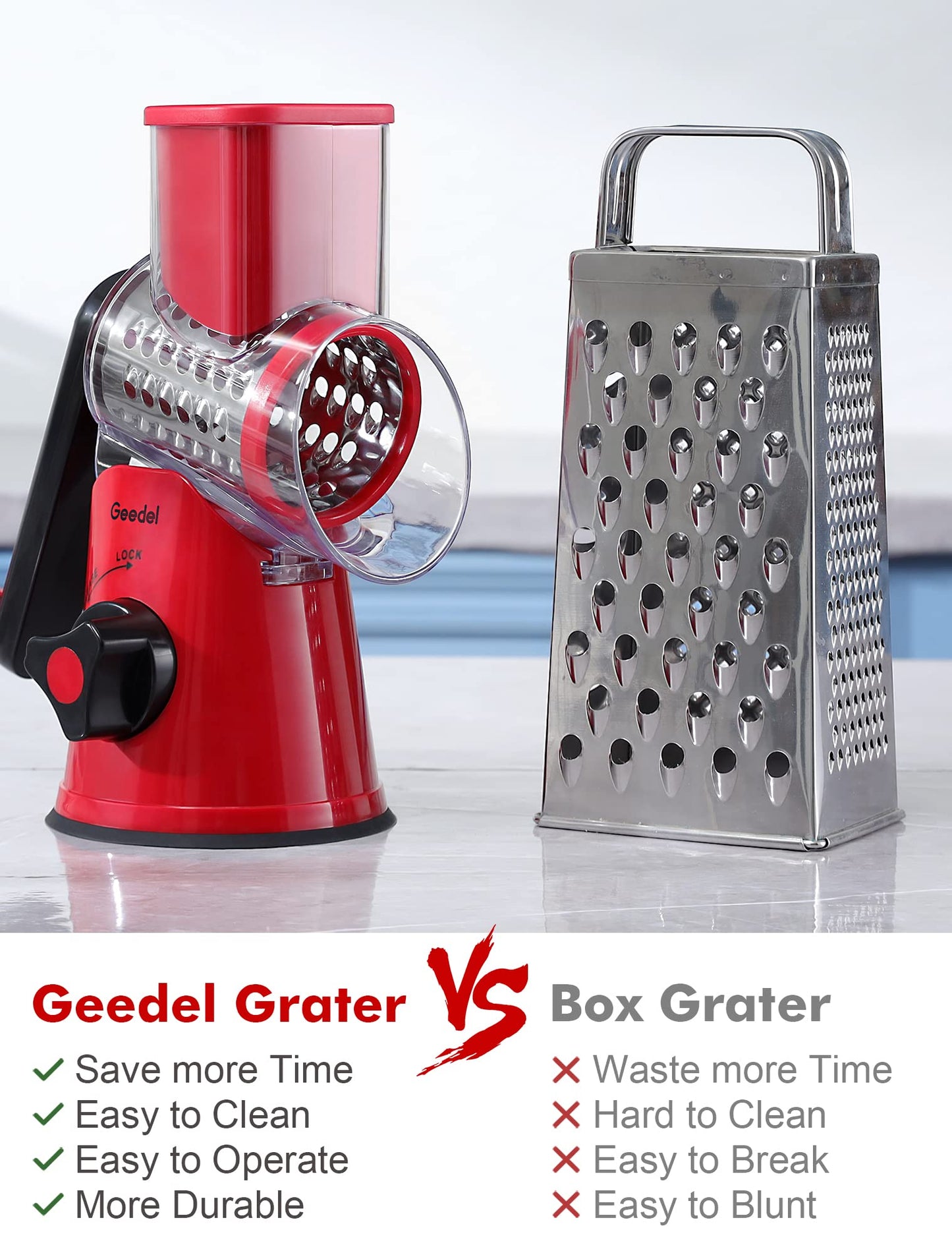 Rotary Cheese Grater, Vegetable Slicer with Three Drum Blades, Grater for Kitchen Faster and Easy Cutting, Rotary Drum Grater Ideal for Cheese, Cucumber, Carrot, Nuts, etc. Red