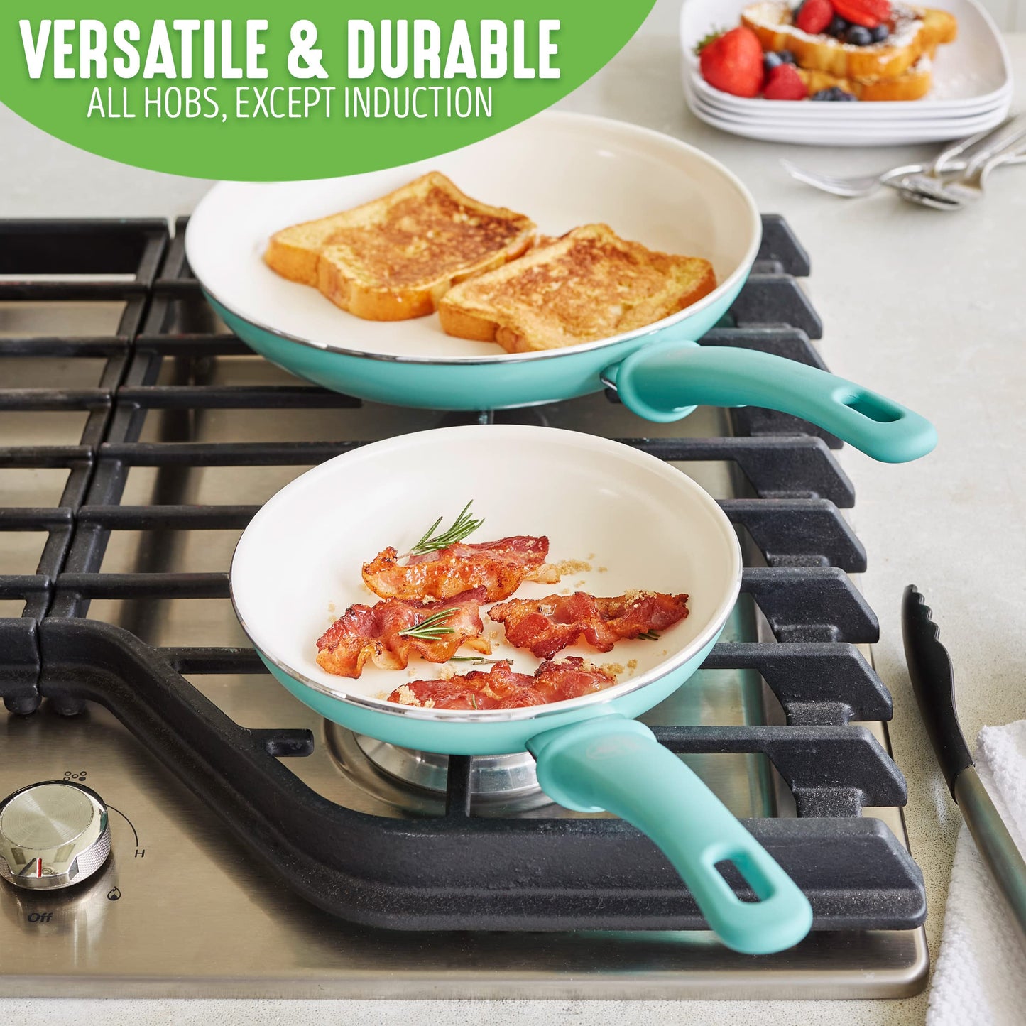 GreenLife Soft Grip Healthy Ceramic Non-Stick 2 Piece 18 cm and 26 cm Frying Pan Skillet Set, PFAS-Free, Oven Safe, Turquoise