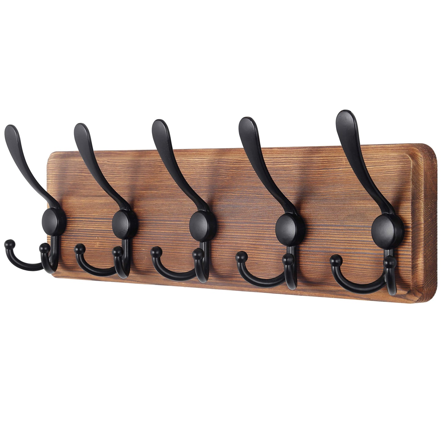 SKOLOO Coat Rack Wall Mounted - Wooden, Heavy Duty, Rustic Coat Hooks for Wall, 16'' Hole to Hole, Wall Coat Rack with 5 Triple Hooks for Hanging Clothes, Jacket, Hat(Brown) 1 Item-5 Hooks Brown Plate & Black Hook