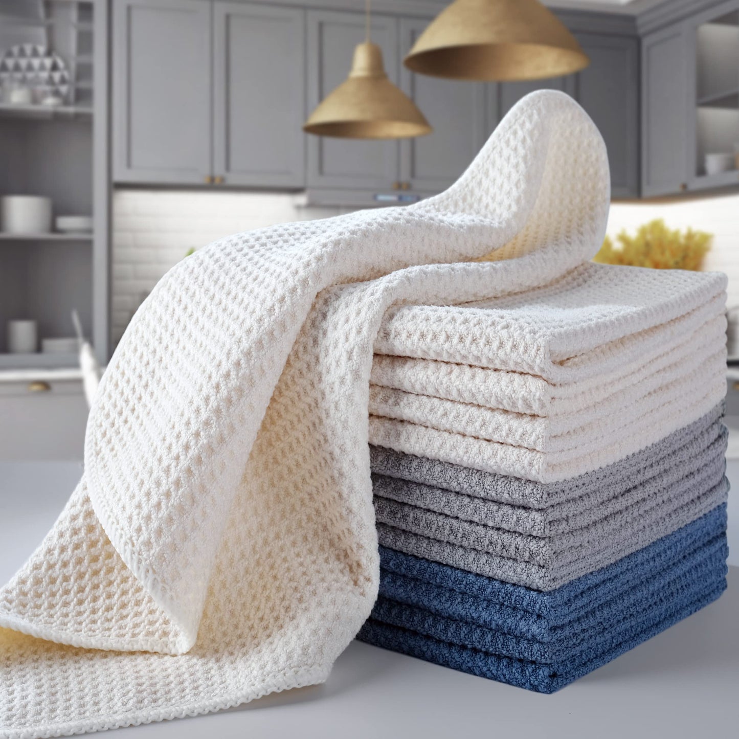 POLYTE Premium Microfibre Kitchen Dish Cloth Waffle Weave (Dark Blue, Gray, Off White, 30x30 cm) 12 Pack Dark Blue, Gray, Off White